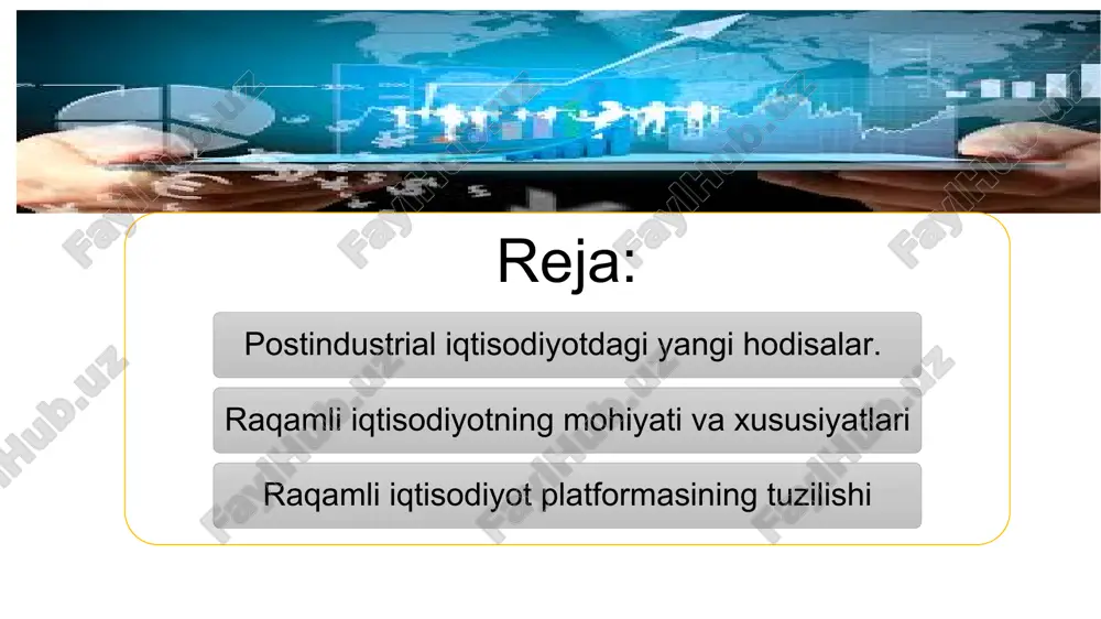 kommunikatsiya raqamlashuvi asosi peer to peer bo’lgan hamkorlik iqtisodiyotining rivojlanishi yagona bozor va axborot makonining shakllanishi ko'plab xorijiy va mahalliy tadqiqotchilar raqamli iqtisodiyotni axborot iqtisodiyoti, bilimlar iqtisodiyoti, ijodiy iqtisodiyot, internet iqtisodiyoti, tarmoq iqtisodiyoti, elektron iqtisodiyot, yangi iqtisodiyot va boshqalar kabi tushunchalar bilan aniqlaydilar. postindustrial iqtisodiyotda yuz berayotgan hodisalar to insert your own icons*: insert >> icons (*only available to office 365 subscribers) www.presentationgo.com © presentationgo.com by: .com mahsulot ishlab chiqarishda avtomatlashtirish: yaratuvchi iqtisodiyot: markaziy banklar va kripto-valyutalar: axborot va kommunikatsiya texnologiyalarining o'sishi: intellektual moliyaviy islohotlar:. “axborot iqtisodiyoti” t.umesov va f.maxlup, m.porat keltirilgan “axborot jamiyati”tushunchasi nomoddiy tovarlarni ishlab chiqarish va iste’mol qilish emas, balki axborot deb qaraladi “bilimlar iqtisodiyoti” f.maxlup p.bruker axborot asosida yaratilgan bilimlar hisoblanadi. “internet iqtisodiyoti” internet asosida amalga oshiriladigan iqtisodiy faoliyat turlari to‘plamidir intellektual faoliyatga ya’ni, yangi bilimlarni yaratishga asoslangan iqtisodiyot. raqobatdosh ustunlikka erishish yoki inqirozli vaziyatlarni yengish maqsadlarida, birinchi qarashda umuman noodatiy, noan’anaviy, noyob va ba’zan bema’ni …