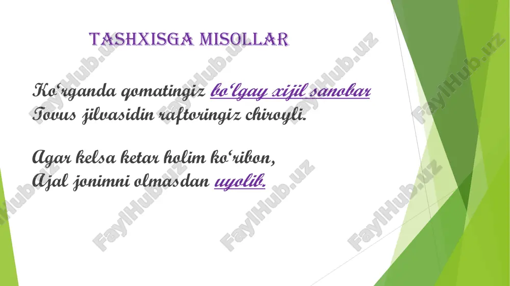 on bo‘ldi gul. (ig’roq) tikilsam quriydi daryoning qumi, na’ra tortsam qo‘rg‘onning timi. (g‘uluv) ul sanamkim, suv yaqosida paridek o‘ltirur, g‘oyati nozukligidin suv bilan yutsa bo‘lur (litota) kitobat (harf) kitobat san’ati arab alifbosi harflari shakllaridan lirik va epik timsollar chizishda foydalaniladi. alif,dol,lo,lom- alif,jim,nun,mim, nas,yo, sod, nuqta-asosan kitobat bo‘lib keladi. mushkin qoshining hayati ul chashmi jallod ustina, qatlim uchun “nas” keltirur “nun” eltibon “sod” ustina. jonimdagi “jim” ikki “dol”ingga fido, andin so‘ng “alif” toza niholingga fido. kitobat san’atiga misollar ikki narsa yoki tushunchani ular o‘rtasidagi haqiqiy (real) yoki majoziy munosabatlarga ko‘ra o‘xshatish san’atidir. vositalar: -dek, simon, -day, -ona, -noma, -omuz, kabi, o‘xshab, singari, yanglig‘, xuddi, go‘yo, bamisoli, andoqki. tashbih yuzing go‘zallikda gul kabidir sen gulsen-u, men haqir bulbuldurmen, sen shu’lasen, ul shu’laga kuldurmen. bu kun boshqachadir paxtazor,dala, oynaday buloqlar, kumush soch tog‘lar. tashbihga misollar tarsi’ (muvozana) tarsi’ (muvozana) misollar layli ishqin tanimda jon qil, layli shavqin rangimda qon qil. ko‘rib dardim tarahhum …