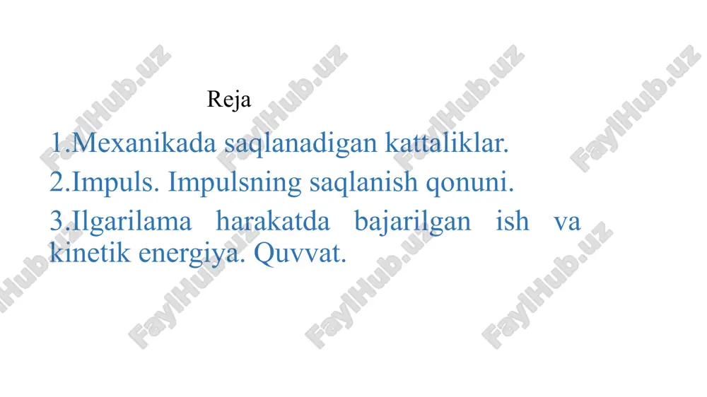 t/media/image3.jpg ppt/media/image4.gif ppt/media/image8.png ppt/media/image7.gif ppt/theme/theme2.xml ppt/notesmasters/_rels/notesmaster1.xml.rels ppt/media/image6.gif ppt/media/image9.jpeg docprops/thumbnail.jpeg ppt/presprops.xml ppt/viewprops.xml ppt/tablestyles.xml docprops/core.xml docprops/app.xml ppt/media/image5.png [content_types].xml _rels/.rels docprops/custom.xml 4-mavzu: mexanikada saqlanish qonunlari . ma’ruzachi : aniq fanlar kafedrasi o‘qituvchisi d. to‘rayev reja 1 . mexanikada saqlanadigan kattaliklar . 2.impuls. impulsning saqlanish qonuni . 3.ilgarilama harakatda bajarilgan ish va kinetik energiya . quvvat . nazorat savollar : impuls nima va formulasi qanday ? energiya turlari haqida ma’lumot bering . kinetik energiya nima va formulasi qanday ? mehnat bilan mexanik ishning farqi nimada ? muz ustidagi 4 kg massali xokkey shaybasiga zarb bilan urganda , u 5 m/s tezlikka erishdi . shayba qanday kinetik energiyaga erishgan ? adabiyotlar . 1. abduraxmanov k.p, egamov u , “fizika” darslik , toshkent , 2010. . 2. abduraxmonov u, boymuratov f.t, begmatova d.a. “ fizika” fanidan o'quv uslubiy majmua,toshkent , 2016. 3. douglas c. giancoli . physics: prinsiples with applications, prenti se hall; 7th edition , …