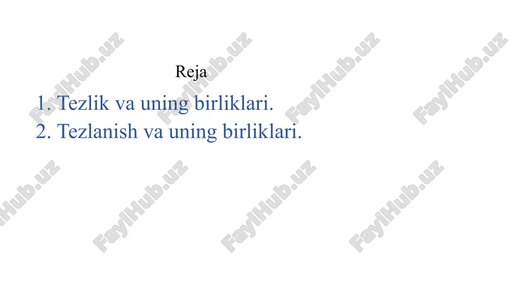 .rels ppt/notesslides/_rels/notesslide4.xml.rels ppt/notesslides/_rels/notesslide5.xml.rels ppt/notesslides/_rels/notesslide6.xml.rels ppt/notesslides/notesslide3.xml ppt/notesslides/_rels/notesslide7.xml.rels ppt/notesslides/_rels/notesslide8.xml.rels ppt/notesslides/notesslide4.xml ppt/notesslides/_rels/notesslide9.xml.rels ppt/notesslides/_rels/notesslide10.xml.rels ppt/notesslides/notesslide5.xml ppt/slidelayouts/_rels/slidelayout8.xml.rels ppt/notesslides/notesslide8.xml ppt/notesslides/_rels/notesslide2.xml.rels ppt/notesslides/notesslide9.xml ppt/notesslides/notesslide10.xml ppt/notesslides/notesslide6.xml ppt/notesslides/notesslide7.xml ppt/slidemasters/_rels/slidemaster1.xml.rels ppt/slidelayouts/_rels/slidelayout1.xml.rels ppt/notesmasters/notesmaster1.xml ppt/commentauthors.xml ppt/theme/theme1.xml ppt/theme/theme2.xml ppt/media/image1.png ppt/media/image2.jpg ppt/media/image3.jpg ppt/media/image4.jpg ppt/media/image5.jpg ppt/media/image6.jpg ppt/media/image7.jpg ppt/media/image9.jpg ppt/media/image11.png ppt/media/image12.jpg ppt/media/image19.jpg ppt/media/image15.gif ppt/notesmasters/_rels/notesmaster1.xml.rels ppt/media/image16.jpg docprops/thumbnail.jpeg ppt/media/image13.gif ppt/media/image18.gif ppt/media/image14.jpg ppt/media/image17.jpg ppt/presprops.xml ppt/viewprops.xml ppt/tablestyles.xml docprops/core.xml docprops/app.xml ppt/media/image10.png ppt/media/image14.png ppt/media/image18.png ppt/media/image8.png ppt/slides/slide5.xml [content_types].xml _rels/.rels docprops/custom.xml 2-mavzu: tezlik . tezlanish . ma’ruzachi : aniq fanlar kafedrasi o‘qituvchisi d. to‘rayev reja 1. tezlik va uning birliklari . 2. tezlanish va uning birliklari . tezlik deb vaqt birligi ichida bosib o‘tilgan yo‘lga aytiladi . tezlikning inglizcha nomi velocite ning bosh harfi 𝛖 bilan belgilanadi . tezlik spidometrda o‘lchanadi  – tezlik , s – bosib o‘tilgan yo‘l , t – yo‘lni o‘tish uchun ketgan vaqt . tezlikning birligi - 𝑚 𝑠 . velosipedchining tezligi 10 𝑚 𝑠 ga ten