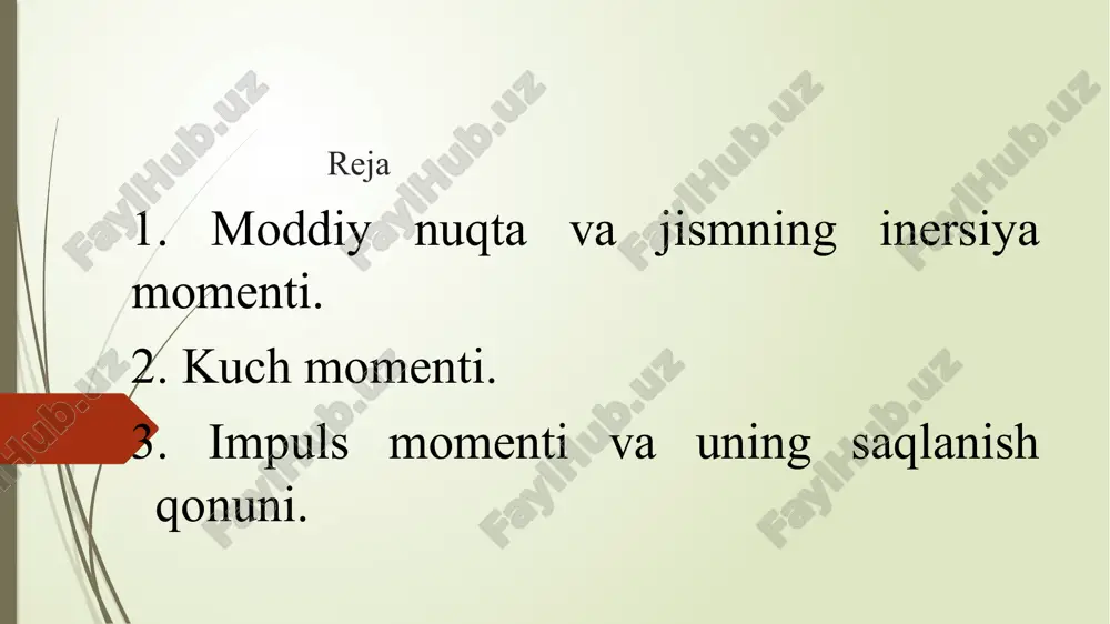 a formulamiz quyidagi ko'rinishni oladi. =0 agar o‘zgarmas kattalikning hosilasigina nolga teng bo‘lishini nazarda tutsak =const bu — impuls momentining saqlanish qonunidir. yopiq sistemada impuls momenti saqlanadi, ya’ni vaqt o‘tishi bilan o'zgarmaydi.impuls momentining saqlanish qonuni tabiatning fundamental qonunidir nazorat savollar: aylanma harakatga misollar keltiring. kuch momenti deb nimaga aytiladi? inersiya momenti deb nimaga aytiladi? adabiyotlar. 1. q.p.abduraxmanov, v.s.xamidov, n.a.axmedova. " fizika" darslik. toshkent. 2018 y. (46-57 b) 2.abduraxmanov k.p, egamov u. “fizika” darslik, toshkent, 2010. (27-38 b) link to the video: 1. https://youtu.be/rzci5czj-7c?si=gqia6-9yl3sfanxj 2. https://youtu.be/nbv1157v7cq?si=hyqyqhpirpgq7bgg e’tiboringiz uchun rahmat image1.png image2.gif image3.jpeg image4.jpeg image5.jpeg image6.gif image2.png image3.png image7.gif image8.gif image9.gif image10.gif image11.gif image5.png image6.png image70.png /docprops/thumbnail.jpeg