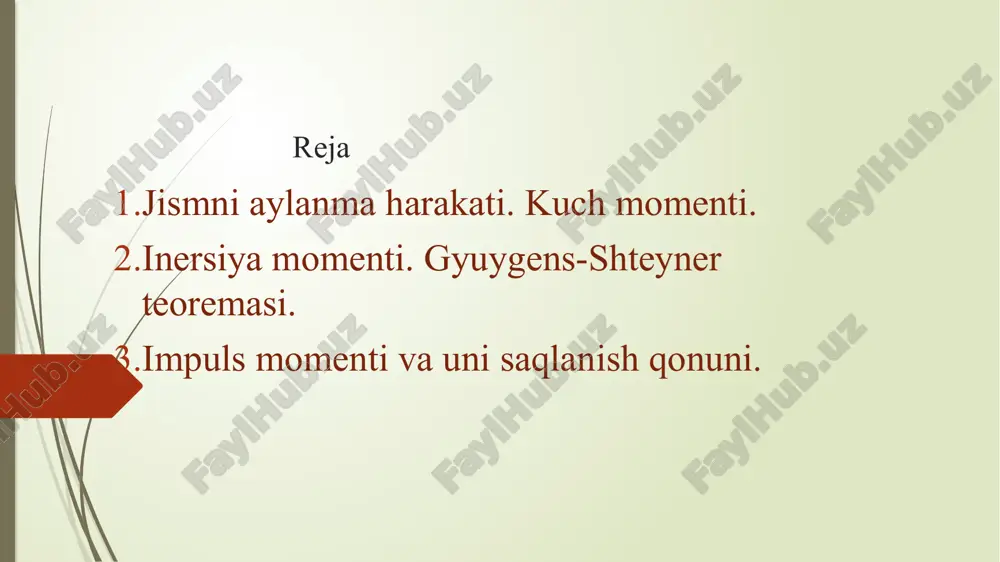 ’ni m = 0. bu holda formulamiz quyidagi ko'rinishni oladi. =0 agar o‘zgarmas kattalikning hosilasigina nolga teng bo‘lishini nazarda tutsak =const bu — impuls momentining saqlanish qonunidir. yopiq sistemada impuls momenti saqlanadi, ya’ni vaqt o‘tishi bilan o'zgarmaydi.impuls momentining saqlanish qonuni tabiatning fundamental qonunidir nazorat savollar: aylanma harakatga misollar keltiring. kuch momenti deb nimaga aytiladi? inersiya momenti deb nimaga aytiladi? adabiyotlar. 1.abduraxmanov k.p, egamov u , “fizika” darslik, toshkent, 2010. 2. abduraxmonov u, boymuratov f.t, begmatova d.a. “ fizika” fanidan o'quv uslubiy majmua,toshkent, 2016. 3. douglas c. giancoli. physics: prinsiples with applications, prentise hall; 7th edition , 2004. e’tiboringiz uchun rahmat image1.png image2.gif image3.jpeg image4.jpeg image5.jpeg image6.gif image2.png image3.png image7.gif image8.gif image9.gif image10.gif image11.gif image5.png image6.png image70.png /docprops/thumbnail.jpeg