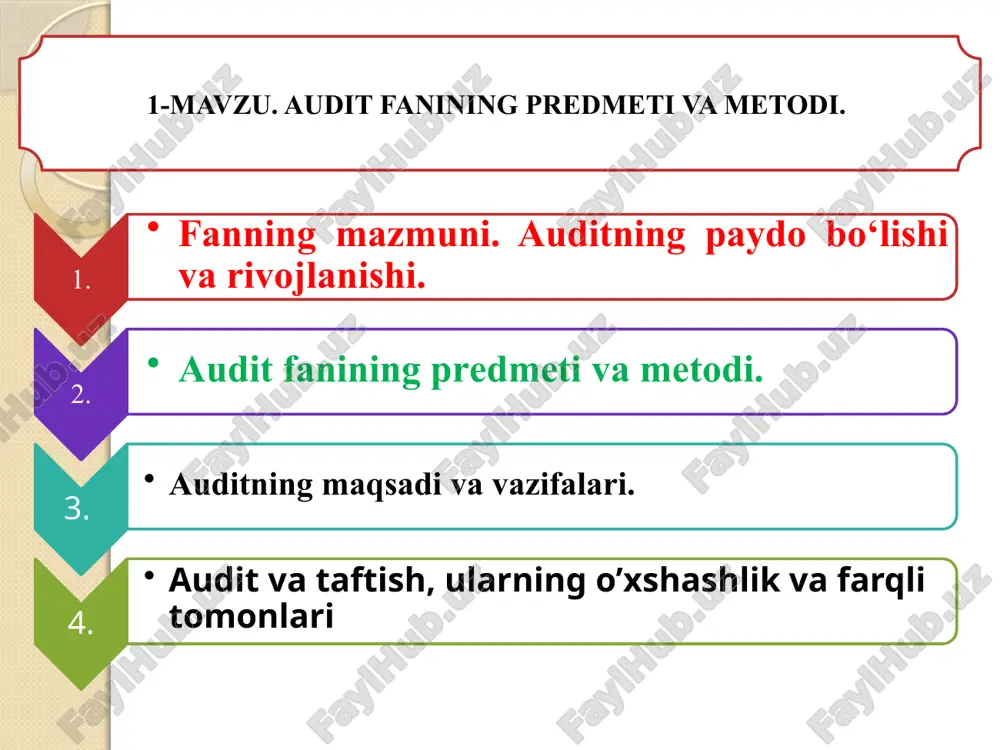 r (ma'muriyat, menejerlar) va uning faoliyatiga pul qo’yayotganlar (mulkdorlar, aksiyadorlar, investorlar) manfaatlarini ajralishi natijasi bilan bog’liqdir. ular faqatgina korxona boshqaruvi va unga qaram bo’lgan buxgalterlar tomonidan taqdim etilayotgan ma'lumotlarni asos qilib olishlari mumkin emas edi va xohlashmasdi ham. aksiyadorlar aldanmayotganliklariga, ma'muriyat tomonidan taqdim etilgan hisobot korxonaning amaldagi moliyaviy holatini to’liq aks etayotganligiga to’liq, ishonch hosil qilishni istar edilar. moliyaviy ma'lumotni to’g’ri ekanligini tekshirish va moliyaviy hisobotni tasdiqlash uchun, aksiyadorlarni fikri bo’yicha ishonish mumkin bo’lgan shaxslar taklif etilar edi. auditorga nisbatan qo’yiladigan asosiy talablardan uning so’zsiz halolliligi va mustaqilligidir. buxgalteriya hisobining murakkablashganligi auditorning jiddiy malakaviy tayyorgarlikka ega bo’lishligini taqozo etadi. auditorlik kasbi turli xil mamlakatlarda turlicha nomlanib kelingan. masalan, amerikada jamoatchi – buxgalter, fransiyada buxgalter ekspert yoki schyotlar bo’yicha komissar, germaniyada xo’jalik nazoratchisi, yoki kitoblar (das buch) nazoratchisi, qator anglo – saksoniya mamlakatlarida kompaniyaning moliyaviy faoliyatini nazorat qiladigan taftishchi kabilar. auditorlik faoliyatining rivojlanishiga 1929-1933 yillarda jahon iqtisodiy tanazzuli katta turtki bo’ldi. …