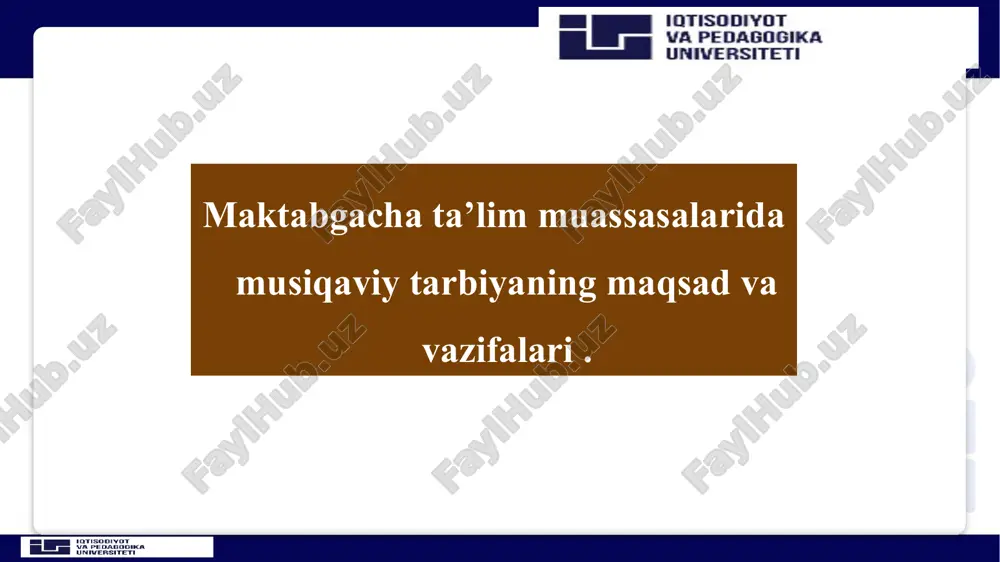 tizimini tubdan takomillashtirish chora-tadbirlari to’g’risida»gi pq-3261-sonli qarori, shuningdek, maktabgacha ta‘lim vazirligining 2018 yil 18 iyundagi 1-mh sonli ―ilk va maktabgacha yoshdagi bolalar rivojlanishiga qo’yiladigan davlat talablari hamda –»ilk qadam»maktabgacha ta‘lim muassasasining davlat o’quv dasturini amalda joriy etish kabi davlat hujjatlarida bu sohaga oid masalalarini hal etish nazarda tutilgan ushbu qaror va farmoishlar maktabgacha ta‘lim tizimini yanada takomillashtirish, samarali davlat boshqaruv tizimini yaratish, maktabgacha ta‘lim muassasalari davlat nodavlat tarmog‘ini kengaytirish, moddiy-texnika bazasini mustahkamlash, ularni malakali pedagog kadrlar bilan ta‘minlash, maktabgacha ta‘lim muassasalariga bolalarni qamrab olishni keskin oshirish, ta‘lim-tarbiya jarayonlariga zamonaviy ta‘lim dasturlari va texnologiyalarni tadbiq etish oraqli bolalarni har tomonlama intelektual, ma‘naviy-estetik jismoniy rivojlantirish hamda ularni maktabga tayyorlsh sifatini tubdan yaxshialsh maqsadida qabul qilindi. maktabgacha ta‘lim muassasalarida musiqa mashg‘ulotlarinig ahamiyati beqiyosdir. bo’lajak musiqa mutaxassislari yosh avlod ongiga yuksak tuyg’ularni singdirish, ularda ona vatanga muhabbat, go’zallikka intilib yashash, uni asrash va yaratishga bo’lgan ishtiyoq uyg’otuvchi kasb egalari hisoblanadilar. mttda musiqa mashg‘ulotlari bo’yicha …