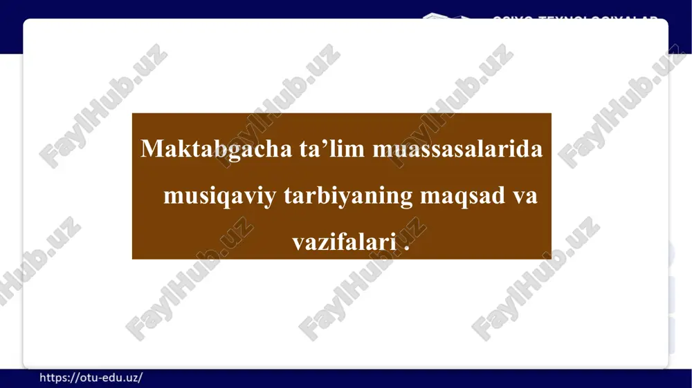 tizimini tubdan takomillashtirish chora-tadbirlari to’g’risida»gi pq-3261-sonli qarori, shuningdek, maktabgacha ta‘lim vazirligining 2018 yil 18 iyundagi 1-mh sonli ―ilk va maktabgacha yoshdagi bolalar rivojlanishiga qo’yiladigan davlat talablari hamda –»ilk qadam»maktabgacha ta‘lim muassasasining davlat o’quv dasturini amalda joriy etish kabi davlat hujjatlarida bu sohaga oid masalalarini hal etish nazarda tutilgan ushbu qaror va farmoishlar maktabgacha ta‘lim tizimini yanada takomillashtirish, samarali davlat boshqaruv tizimini yaratish, maktabgacha ta‘lim muassasalari davlat nodavlat tarmog‘ini kengaytirish, moddiy-texnika bazasini mustahkamlash, ularni malakali pedagog kadrlar bilan ta‘minlash, maktabgacha ta‘lim muassasalariga bolalarni qamrab olishni keskin oshirish, ta‘lim-tarbiya jarayonlariga zamonaviy ta‘lim dasturlari va texnologiyalarni tadbiq etish oraqli bolalarni har tomonlama intelektual, ma‘naviy-estetik jismoniy rivojlantirish hamda ularni maktabga tayyorlsh sifatini tubdan yaxshialsh maqsadida qabul qilindi. maktabgacha ta‘lim muassasalarida musiqa mashg‘ulotlarinig ahamiyati beqiyosdir. bo’lajak musiqa mutaxassislari yosh avlod ongiga yuksak tuyg’ularni singdirish, ularda ona vatanga muhabbat, go’zallikka intilib yashash, uni asrash va yaratishga bo’lgan ishtiyoq uyg’otuvchi kasb egalari hisoblanadilar. mttda musiqa mashg‘ulotlari bo’yicha …