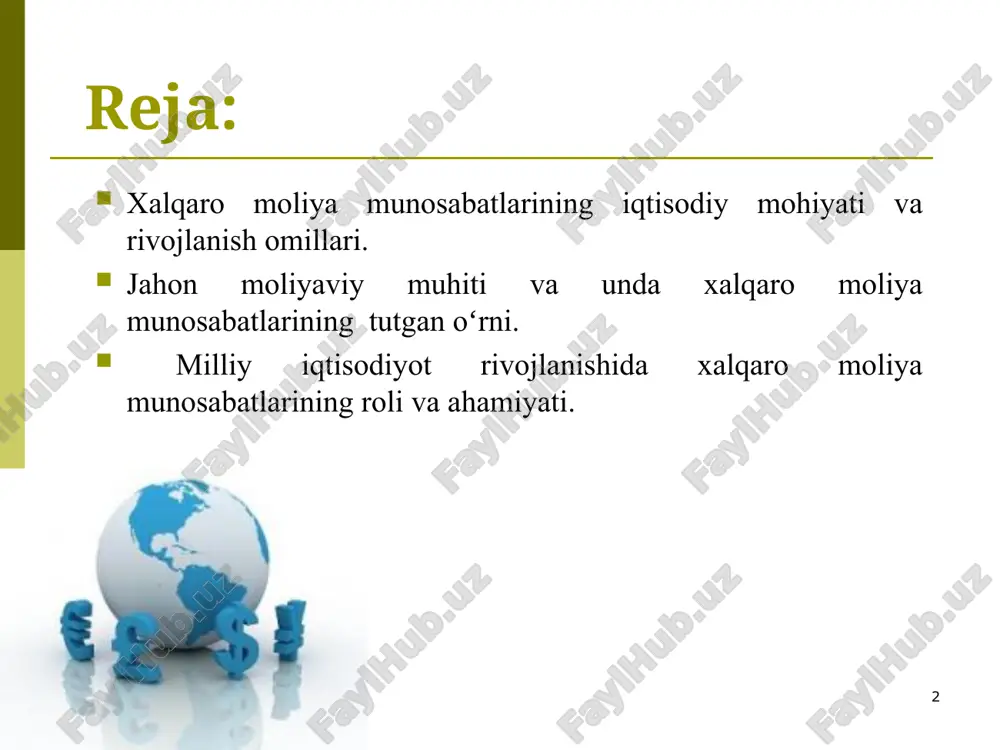 akatlar oʻrtasida amalga oshiriladigan xalqaro moliyaviy oqimlar, jumladan, pul oqimlari – import qilingan mahsulot va xizmatlarning toʻlovlari hamda mahsulot va xizmatlar eksportidan kelgan valyuta tushumlari hisoblanadi * ushbu oqimlar xoʻjalik yurituvchi sub’ektlar moliyasini ifodalashi mumkin, lekin ular turli mamlakatlarga tegishli boʻladi, shu boisdan mamlakatlar oʻrtasidagi pul oqimlari xarakatini namoyon etadi. * xalqaro moliya munosabatlarining sub’ektlari sifatida quyidagilar ishtirok etadi: xalqaro moliya munosabatlari turli mamlakatlarning xoʻjalik yurituvchi sub’ektlari oʻrtasida, davlat va boshqa mamlakatlar xukumatlari hamda xalqaro tashkilotlar oʻrtasida, davlat va korxonalar bilan xalqaro moliya institutlari oʻrtasida yuzaga kelishi mumkin. * * xalqaro moliya shakllanishi va rivojlanishining asosiy omillari: jahon bozorlarining vujudga kelishi, ayniqsa tovar bozorlari. xalqaro mehnat taqsimoti. iqtisodiy aloqalarning globallashuvi. iqtisodiy va ijtimoiy sohalarda integratsiya jarayonlarining kuchayishi. ilmiy-texnika taraqqiyoti. xalqaro moliya munosabatlarining koʻp tomonlama tartibga solish tizimini takomillashtirilishi. jahon iqtisodiyotida global muammolarning keskinlashuvi. * xalqaro moliya yaxlit tizim sifatida faoliyat koʻrsatadi va uning elementlariga quyidagilar kiradi: jahon valyuta tizimi. xalqaro …