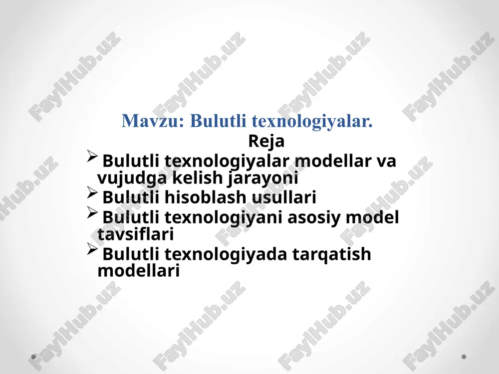 blashlarning yuzaga kelishida “virtualizatsiya” texnologiyalarining ahamiyati juda katta hisoblanadi. bulut - at- infratuzilma tashkilotlarining innavatsion modeli (konsepsiya) xisoblanib, u alohida ajratilgan va taqsimlangan konfiguratsiyalangan apparat va tarmoq resurslaridan, dasturiy ta’minotdan tashkil topgan va ular masofadagi provayderlarni ma’lumotlar markazida yotadi. model yagona puldagi tarmoqdan qulay va bir vaqtning o’zida konfiguratsiyalangan hisoblash resurslaridan birgalikda foydalanish imkoniyatini yaratadi (misol uchun, tarmoqlar, serverlar,ma’lumotlar bazasi, ilovalar va servislar) shu bilan birga minimal boshqarishda ham oparativ va erkin ishlash imkoniyatini taqdim etadi. bulutning bu modeli 5 ta asosiy harakteristika, 3 ta servis model va 4 ta taqdimlash modellaridan iborat. bulutli hisoblash bulutli texnologiyani asosiy model tavsiflari tarmoqdan keng holda foydalana olish. hisoblash kuchi imkoniyatlari tarmoqda standart mexanizimlar orqali katta masofada foydalana olish mumkin. har - xil turdagi (yupqa - qalin) mijoz platformasidan (terminal qurilmalar) keng qamrovda foydalanish imkonini beradi. resurslarni birlashtirish. konfiguratsiyalangan provayder hisoblash resurslarini yagona xovuzga birlashtirish orqali ko’p sonli foydalanuvchilar resurslardan birgalikda foydalanish imkoniyatiga …