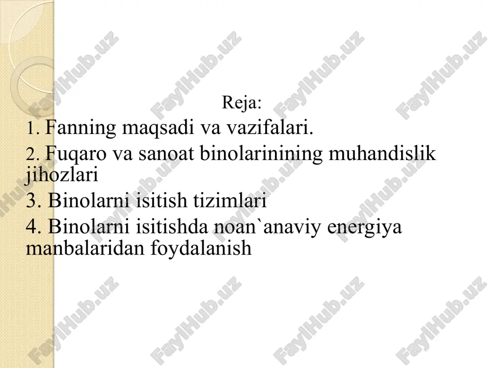 ik va gaz ta`minoti quvurlari miqdori va ularning utkazish kobiliyatini yildan yilga ortib borishi soxa mutaxassislari oldida murakkab masalalarni xal kilish extiyojini kuyadi. suv ta`minoti va suv okava tarmoklarini ekspluatatsiya kilish, texnika xavfsizligi va tabiatni muxofaza kilish koidalariga rioya kilgan xolda istemolchilarni suvga bulgan extiyojini kondirish, ya`ni yetarli mikdorda suvni yetkazib berish va ishlatilgan suvni tozalash inshoatlariga yetib borishini ta`minlash, xamda ruxsat etilgan kontsentratsiyaga kadar tozalanib yakin suv xavzalariga kuylishini ta`minlash demakdir. fuqaro va sanoat binolarinining muhandislik jihozlari binodagi xavoni konditsiyalash, issiqlik ta`minoti, gaz ta`minoti, tabiiy suv manbalari, ulardagi suvning sifati, axoli yashaydigan punktlarni yong`inga qarshi suv bilan ta`minlash, binoni sovuq suv bilan ta`minlash va ulardagi oqova suvlarini oqizish tizimlari, bino va inshootlarning injenerlik jixozlari, loyixalash asoslarining nazariyasi va injenerlik jixozlarini tanlash, issiqlik, gaz ta`minoti va ventilyatsiya hamda suv ta`minoti va kanalizatsiya tizimlari bino va inshootlarning muhandislik jihozlari hisoblanadi. bino va inshootlardagi issiqlik gaz ta`minoti va ventilyatsiya hamda suv ta`minoti …