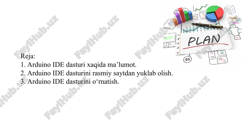 atish" bandini tanlab), keyin arxivdan kompyuterning istalgan joyiga oching. keyingi "arduino ide -ni o‘rnatish" bo‘limi siz uchun emas, chunki siz dasturni o‘rnatishingiz shart emas, "arduino ide -ni ishga tushirish" bo‘limiga o‘ting. arduino ide -da ishlashni boshlash uchun arxivni ochgan joydan "arduino.exe" faylini ishga tushirish kerak. agar siz o‘rnatish faylini yuklagan bo‘lsangiz (yuklab olsangiz) (birinchi qadamda "windows installer" bandini tanlab), keyingi bo‘limdagi "arduino ide -ni o‘rnatish" ko‘rsatmalariga amal qiling. arduino ide -ni o‘rnatish: o‘rnatish faylini ishga tushiring. papkadan: "bu kompyuter> yuklamalar" (fayl nomidagi x.x.x belgisi o‘rniga sizda arduino ide versiya raqamlari bo‘ladi). bundan tashqari, quyidagi xabarlar ketma -ket paydo bo‘ladi: 1 xabar: sizni litsenziya shartnomasi bilan tanishtiradi, "i agree" tugmasini bosing, 2 ta xabar paydo bo‘ladi. 2 -xabar: o‘rnatish komponentlarini tanlashingizni so‘raydi, "next" tugmasini bosing, 3 -xabar paydo bo‘ladi. 3 -xabar: arduino ide ni o‘rnatish yo‘lini tanlashingizni so‘raydi, "install" tugmasini bosing, 4 -xabar paydo bo‘ladi. 4 -xabar: sizga arduino ide -ni …