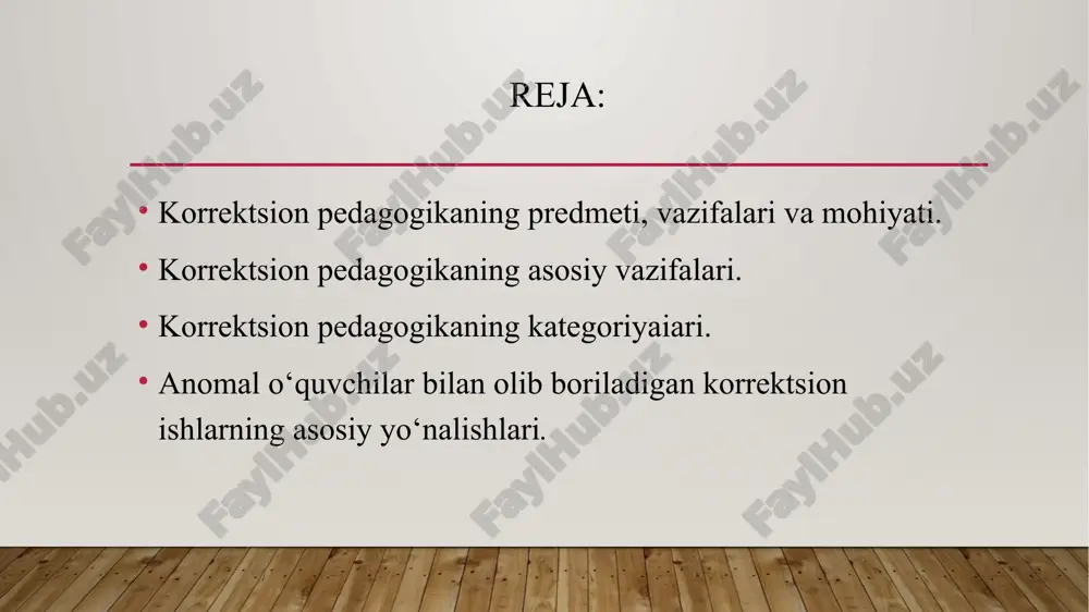 bga olish; rivojlanish anomaliyasini erta diagnostika qilish metodlarini ilmiy jihatdan ishlab chiqish; bolalarda rivojlanish nuqsonlarini tuzatish, yo‘qotish yoki kamaytirish bo‘yicha chora-tadbirlami ishlab chiqish; anomal bolalikning oldini olish bo‘yicha profilaktik choratadbirlar tizimini ishlab chiqish; anomal bolani rivojlantirish va uni ijtimoiylashtirish jarayonining samaradorligini oshirish korrektsion pedagogikaning sohalari tiflopedagogika (defektologiyaning koʻr va zaif koʻruvchi bolalarni oʻqitish, tarbiyalash hamda ularni mehnatga tayyorlash masalalarini ishlab chiquvchi sohasi) surdopedagogika (defektologiya tarmogʻi; kar yoki zaif eshituvchi bolalarni maxsus oʻqitish va tarbiyalash masalalarini ishlab chiqadi.) oligofrenopedagogika (aqli zaif bolalarni oʻqitish, tarbiyalash, korreksiyalash (tuzatish), ijtimoiy xayotga jalb etish masalalarini oʻrganuvchi defektologiya tarmogʻi.) logopediya (pedagogika fani tarmogʻi; nutqdagi kamchilik (duduqlik, til rivojlanmaganligi, oʻqish va yozuvdagi nuqson va boshqalar) sabablari, ularning oldini olish, tuzatish yoʻllarini hamda nutq faoliyati buzilishi mexanizmlari, alomatlarini maxsus taʼlim va tarbiya vositasida oʻrganadi. ) 3.korrektsion pedagogikaning kategoriyaiari. korrektsion pedagogikaning quyidagi kategoriyaiari mavjud: 1.anomal bolatarni o‘qitish va rivojlantirish ulami ijtimoiy hayot va mehnatga tayyorlash, ularda bilim, ko‘nikma va …