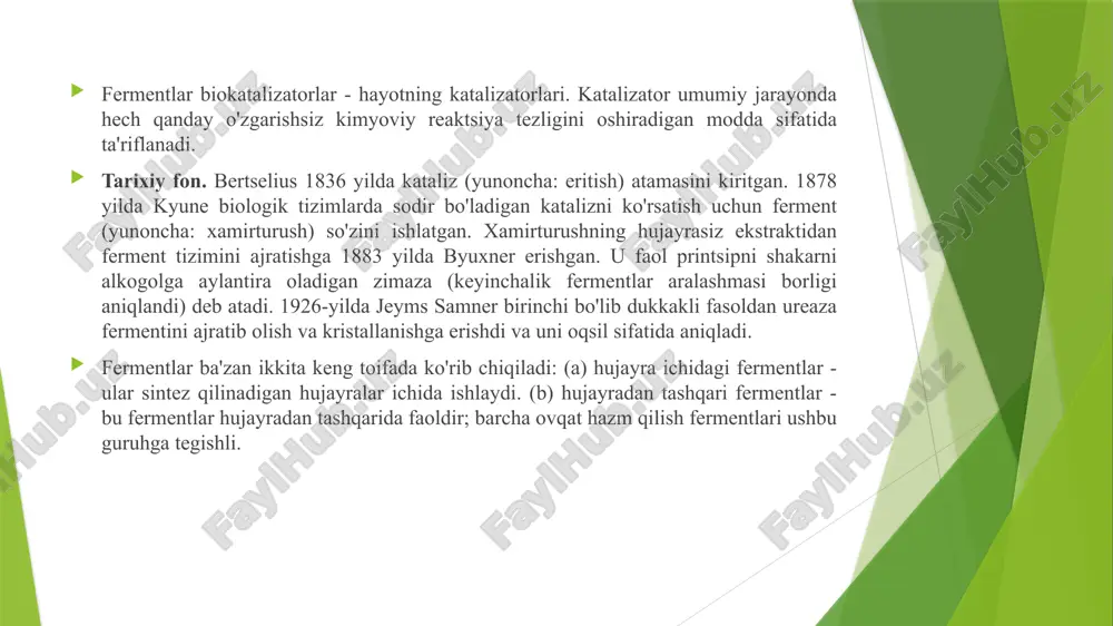 imlik to'qimalari papain (papaya), bromelain (ananas), fitsin (anjir) (oziq-ovqatda) gmp* ga muvofiq mikroorganizmlar: an'anaviy ravishda oziq-ovqat ishlab chiqarish uchun ishlatiladi bacillus subtilis, aspergillus niger va a. oryzae, mucor javanicus, rhizopus sp., saccharomyces cerevisiae, kluyveromyces fragilis va k. lactis, leuconostoc oenus. gras (umuman xavfsiz deb tan olingan) - amfep (xalqaro oziq-ovqat fermenti ishlab chiqaruvchilar assotsiatsiyasi) qoidalariga muvofiq xavfsiz deb tan olingan. yaxshi o'rganilgan mikroorganizmlarning fermentlari bacillus stearothermophilus, b. licheniformis, b. coagulans, b. megaterium va b. circulans, klebsiella aerogenes maxsus tasdiqlash tartibiga asosan foydalaniladi gmp (yaxshi ishlab chiqarish amaliyoti) - jahon sog'liqni saqlash tashkiloti tomonidan qabul qilingan "dori vositalarini ishlab chiqarishni tashkil etish va sifatini nazorat qilish qoidalari". - tarjima. fermentatsiya jarayonining tarkibiy qismlari. fermentatsiya turidan qat'i nazar (ba'zi transformatsiya jarayonlari bundan mustasno) belgilangan jarayonni oltita asosiy komponentga bo'lish mumkin: 1) inokulyatni ishlab chiqish jarayoni va ishlab chiqarish fermentatoridagi jarayon, organizmini o’stishtirishda foydalaniladigan muhitning formulasi. 2) muhit, fermentatorlar va yordamchi uskunalarni sterilizatsiya …