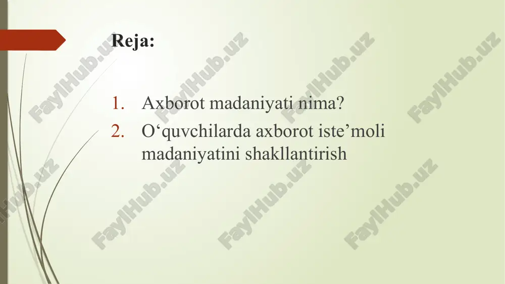 quvchi. faoliyat tuzilmasida axborot madaniyatining rolini kuchaytirish kerak bo’ladi. zamonaviy inson quyidagi omillar bilan belgilanadi: axborot hajmining keskin oshishi tufayli ilmiy-texnikaviy taraqqiyotning tezlashtirilgan sur'atlari; ma'lumotlarning muqarrar tarqalishi natijasida zamonaviy ilm-fanning differentsiatsiyasi va integratsiyasi; ilmiy o'zgarishlar tufayli bilimlarning tez eskirishi va ijtimoiy paradigmalar. zamonaviy ta'lim tizimi ma'lumotlar massivlarida harakat qilishni va bilimlarni ajratib olishni o'rganish qobiliyatini rivojlantirish uchun mo'ljallangan. shaxsning axborot madaniyatini shakllantirishda etakchi rol ta'lim muassasalariga beriladi. ta'lim tizimining o'ziga xos belgisi talabalarning ma'lum miqdordagi bilimlarni o'zlashtirishlari uchun zamonaviy sharoit kerak bo’ladi. uzluksiz g'oyalarni hayotga olib kelish zaruriyati bu esa ta’limdir. ta'lim tizimi uchun: talabalar ma'lum bir narsani o'zlashtirishlari bilan bilimlar yig'indisi paydo bo’ladi. (o'rganish, ma'lumot olish, undan kerakli bilimlarni olish. ko'nikmalarini rivojlantirish) bu shart bajarilgan taqdirdagina g‘oyani amalga oshirish mumkin "umrbod ta'lim". bu borada axborot ta’limini tashkil etish alohida ahamiyatga ega shaxsning axborot madaniyatini oshirish. axborot madaniyatini shakllantirish juda ko'p jihatlarni o'z ichiga olgan murakkab muammodir. u ijtimoiy, psixologik, …