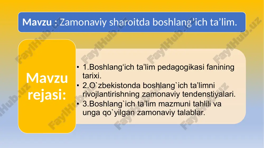 va koʻnikmalarini hosil qilish, tabiat va jamiyat haqida ilk bilimlar berish, xulqodobga oʻrgatishdir. hozirgi oʻzbekiston hududida dastlabki boshlangʻich maktab —maktabxonalar arab xalifaligi tomonidan oʻrta osiyo yerlari bosib olingandan keyin (7-asr) mahalliy xalq va ularning bolalarini musulmon ruhida tarbiyalash maqsadida ochilgan. abu rayhon beruniy o`quvchiga bilim berish va uni xat-savodli qilish haqida gapirar ekan, qog`ozning paydo bo`lishi, yozuv va uning vujudga kelishi, turli yozuv belgilari, o`quv qurollari haqida alohida to`xtaladi. olim ta’lim-tarbiyaga o`quvchilarning diqqatini jalb qilish, mashg`ulotlar davomida o`quvchilarning zerikib qolmasligi uchun ta’lim olishning turli yo‘llari va shakl hamda metodlarini ko`rsatib beradi. xususan uning «bizning maqsadimiz o`quvchini toliqtirib qo`ymaslikdir. hadeb bir narsani o`qib berish zerikarli bo`ladi. agar o`quvchi bir masaladan boshqa bir masalaga o`tib tursa, u xuddi turli-tuman bog`larda sayr qilgandek bo`ladi, bu bog`dan o`tar-o`tmas boshqa bir bog` boshlanadi. kishi ularning hammasini ko`rgisi keladi. har bir yangi narsa kishiga rohat bag`ishlaydi deb behuda aytilmaydi», -deb ta’kidlashidan ta’lim mazmuniga va dars jadvalini …
