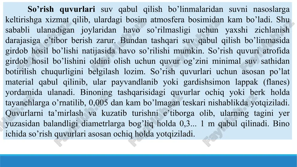 ariga ega bo’lgan nasos stansiyalarida vakuum - nasos yordamida havosini so’rib, suvga to’ldiriladi. ba’zi hollarda o’rtacha va kichik nasos stansiyalarida so’rish quvuri tirsaksimon ko’tarilgan yoki maxsus vakuum idishlar o’rnatilgan nasos qurilmalaridan foydalanib, so’rish tarmog’idagi havoni chiqarib tashlash mumkin. bosimli kommunikasiyalar nasoslardan suvni tashqi bosimli quvurlarga uzatib beruvchi, teskari qopqoq, qulfak va suv sarf o’lchagichi bilan jihozlangan stansiyaning ichki bosimli quvur tarmoqlari bosimli kommunikasiyalar deyiladi. bosimli quvurlar soni nasos agregatlari soniga teng yoki ulardan kam bo’lishi mumkin. bosimli kommunikasiyalar ta’siri ko’p jihatdan nasos stansiyadan qanday maqsadlarda foydalanilishiga bog’liq. suv ta’minoti tizimi nasos stansiyalarida bosimli quvurlar soni odatda nasoslar sonidan kam qabul qilinadi. shuning uchun yig’uvchi kollektor qurishga ehtiyoj tug’iladi. kollektor va bosimli tarmoqqa qulfaklarni o’rnatilishi har qanday nasosni, tashqi bosimli quvurni, teskari qopqoqni va qulfakni xo’jalik - ichimlik suvini to’xtovsiz uzatilishini ta’minlagan holda ta’mirlash imkoniyatini berishi zarur. quvurlardagi uskuna va jihozlar quvurlarga o’rnatilgan uskuna va jihozlar adabiyotlarda quvur armaturalari deb nomlanadi. …