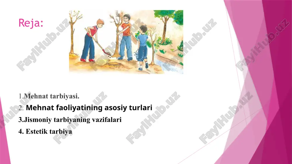 laming ilmiy bilimlar hamda turli fanlar asoslarini o‘zlashtirishga yo‘naltirilgan faoliyati turidir. ijtimoiy-foydali mehnat shaxsni har tomonlama kamol toptirish hamda uning muayyan ijtimoiy ehtiyojlarini qondirishga yo'naltirilgan hamda ijtimoiy mehnat xarakteridagi faoliyati turidir. hozirgi davrda ta’lim muassasalarida o‘z-o‘ziga xizmat keng yo‘lga qo‘yilmoqda. o‘z-o‘ziga xizmat o'quvchilaming ijtimoiy va o‘quv ehtiyojlarini qondirish maqsadida ulaming o'zlari tomonidan amalga oshiriluvchi mehnat faoliyati turidir. o'quvchilaming navbatchiligi o‘z-o‘ziga xizmat qilishni tarkib toptirishning muhim shaklidir. ishlab chiqarish mehnati turlari xilma-xildir. masalan, o'quvchilaming mehnat haftaligi, chorvaga yem-xashak tayyorlash va fermer xo‘jalik!arida faoliyat yuritish va boshqalar. unumli mehnat - 0‘quvchilar mehnatining eng ommaviy shakli sanaladi. mehnat tarbiyasini tashkil etish shakllari: mehnat bayrami, o‘quvchilar yasagan buyumlar ko‘rgazmasi; hasharlar uyushtirish; qarovchisi yo‘q, bemor, keksa va nogiron kishilarga ko'rsatiluvchi insonparvarlik yordami; ko‘kalamzorlashtirish; ta’mirlash (maktab binosini); «mohir qo‘llar» to‘garagi faoliyati. jismoniy tarbiya deganda organizmning morfologik va fonksional rivojlanishini jamiyat talablari darajasida amalga oshirish, jismoniy sifatlami, qobiliyatlami rivojlantirish, jismoniy madaniyat va sport sohasiga taaliuqli maxsus bilimlami …