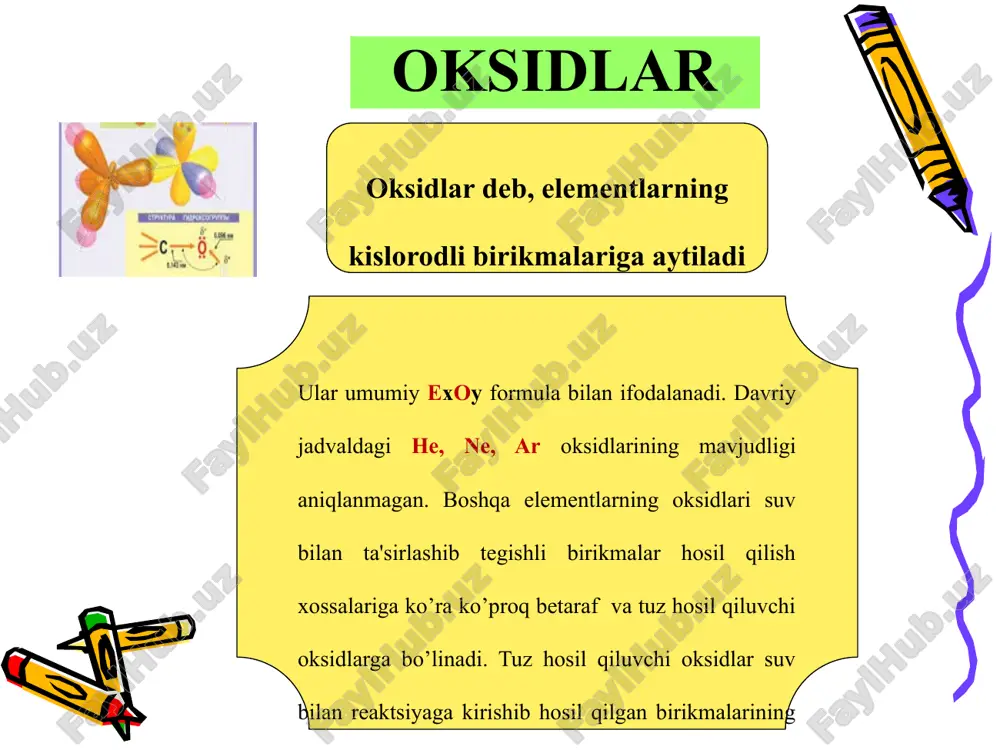 tish mumkin va “angidrid”lar (suvsizlantirilgan kislotalar nomi bilan ham yuritiladi. olinishi. 1.metallmaslarni havo kislorodida yondirib olish: 2n2 + 5o2 → 2n2o5 2. kuchsiz kislotalar tuzlariga kuchli kislotalar ta'sir ettirib olish: to na2co3 + 2hcl → 2nacl + h2o + co2↑ to k2so3 + 2hcl → 2kcl + h2o + so2↑ 3. birikmalarni oksidlash (yondirish) usuli bilan olish: 2cus + 3o2 → 2cuo + so2 4. kislotalar tarkibidan suvni ajratish (degidratlash) usuli bilan olish: to h2sio3 → h2o + sio2 5. metall oksidiga metallmaslarning ta’siri natijasida olish: hgo + 2cl2 → hgcl2 + cl2o 6. metallar yoki metallmaslarga kislotalar ta'siri natijasida olish: su + 4hno3 → cu(no3)2 + 2no2 + 2h2o kislotali oksidlar gazsimon (so2, so2), suyuq (so3, cl2o5), qattiq (r2o5, cro3, mn2o7) holatlarda bo’ladi. ayrimlari suvda kam eriydi. (sio2), gazsimon oksidlarning bosimi ortishi bilan suvda eruvchanligi ortadi. suvli eritmalari nordon ta’mli bo’ladi. ular cro3 – qizg’ish-sariq, r2o5, n2o5, sio2 – …