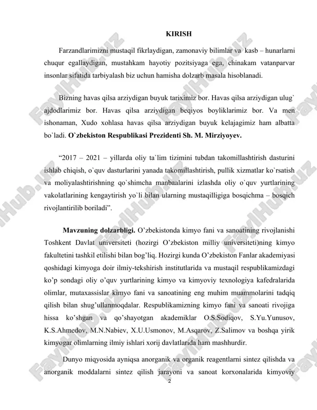 moqdalar. respublikamizning kimyo fani va sanoati rivojiga hissa ko’shgan va qo’shayotgan akademiklar o.s.sodiqov, s.yu.yunusov, k.s.ahmedov, m.n.nabiev, x.u.usmonov, m.asqarov, z.salimov va boshqa yirik kimyogar olimlarning ilmiy ishlari xorij davlatlarida ham mashhurdir. dunyo miqyosida ayniqsa anorganik va organik reagentlarni sintez qilishda va anorganik moddalarni sintez qilish jarayoni va sanoat korxonalarida kimyoviy reagentlarni sintez qilishda kimyoviy reagentlardan foydalanish kimyoviy reaksiyalarning termik barqaorligini o’rganish termik barqaror reaksiyalarni qo’llash muhimdir . bugungi kunda kristallogidratlarning hosil bo’lish issiqliklari jarayonlarini o’rganish kimyoviy reaksiyalar mexanizmlarni ularning termk holatlarini kimyoda olinadigan reaksiyalar uchun holat tenglamalarini tuzish sohasiga qaratilganb ilmiy ilmiy va amaliy ishlar bugungi kunda dolzarb muommolari hisoblanadi. bugungi kunda kristallogidratlarning hosil bo’lish issiqliklari tatbiqlarini o’rganish va ularni qo’llab mahsulot unumi yuqori mahsulot olish va reaksiyaning sanoatda tannarxini arzonlashtirishga yo’naltirilgan ilmiy-amaliy tadqiqot ishlariga etibor qaratilmoqda. bu borada holat tenglamalari va termik koiffitsentlari jarayonlarini aniqlash, fermentlar ishtirokida boradigan jarayonlarda termik holat tenglamalrini tuzish aniqlash va ularning maqbullarini aniqlash, gaz fazadagi …