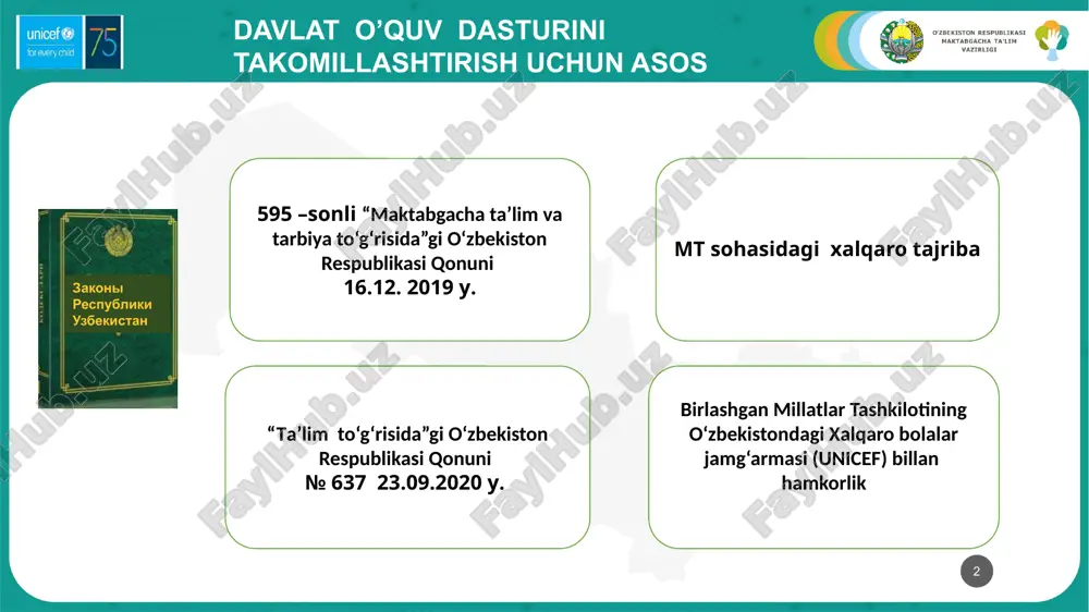 uquqiga ega. 5 muqobil parsial moslashtirilgan 1-bob 1.2. 1.3. qismlar . kiritilgan qo’shimcha va o’zgarishlar 1.2. mttning maqsad va vazifalari o”quv-tarbiya jarayoni o’rniga ta’lim va tarbiya jarayoni terminiga o’zgartirilgan 1.3. pedagogning roli pedagogning roli belgilangan joyiga qo’shimcha qism kiritilgan: pedagog fasilitator sifatida bolalarga ta’lim va tarbiya berishda o‘z bilimi, ko'nikma va resurslaridan foydalanadi. pedagog ta’lim va tarbiya jarayonini rejalashtiradi, bolaning har tomonlama rivojlanishiga va uning salohiyatini ochishga hissa qo'shadigan rivojlantiruvchi muhitni pedagog bolaning rivojlanish xususiyatlarini biladi, uning his-tuyg'ularini tushunadi, har bir bolaning ehtiyojlari va qiziqishlarini aniqlaydi va hisobga oladi 6 2-bob. mtt ta’lim va tarbiya jarayonining maqsad va tamoyillari qo’shimcha va o’zgarishlar kiritilgan 2.1. mtt ta’lim va tarbiya jarayonining maqsadi ta’lim va tarbiya jarayoni terminiga 2.2. mttda ta’lim va tarbiya jarayonini tashkil etish tamoyillari mtt ta’limva tarbiya jarayonining tamoyillari quyidagilardan iborat bolalikni o'ziga xos qadriyat ekanligini tan olish; bolaning huquqi, individualligi va rivojlanish imkoniyatlarini hisobga olish; har bir bolaning har …