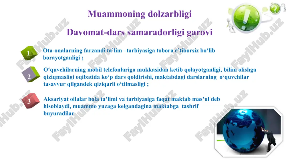 arni kasbga yo‘naltirishda o‘quvchilar qiziqishini boshlang‘ich sinflardayoq o‘rganishni boshlaydilar boshlang‘ich sinfdan boshlab kasbga yo‘naltirishni tashkil etish kerak, deb hisoblayman 2 o‘zbekistonda mahalla tizimi mentalitetimizdan kelib chiqib, to‘g‘ri yo‘lga qo‘yilgan, “bir bolaga yetti mahalla ota-ona” yo‘nalishida ishlar amalga oshirilmoqda. men o‘rgangan xorijiy davlatlarda mahalla tushunchasi yo‘q. maktab va mahallalarda tarbiyaviy ahamiyatga ega bo‘lgan tadbirlarni ko‘proq tashkil etilsa , natija ijobiy bo‘ladi. 3 o‘zbekistonda ota-onasi bilan birga yashaydigan oilalar juda ko‘pchilikni tashkil etadi. bobo va buvilarning nabiralar tarbiyalash borasida o‘rni katta. bizdagi tarbiyaning yutug‘i ham shunda. xorijda yosh oilalar ota-onasi bilan birga yashamaydi. ular farzandlarini o‘zlari tarbiyalaydi. maktablarda “sinf soat”lariga nafaqadagi tajribali onaxonlarni taklif etib ,“uch avlod” uchrashuvlarini tashkil etish kerak. 4 ayrim farzandi tarbiyasiga e’tiborsiz ota-onalar maktabga ixtiyoriy ravishda emas, ehtiyoji yuzaga kelgandagina keladilar. ota-onalar farzandining kelajagi bevosita oilaga bog‘liq ekanligini his qilgan holda maktabga ixtiyoriy ravishda keladilar ota-onalar va psixologlar ishtirokida seminar-treninglar tashkil qilish o‘zbekistonda ta’lim va tarbiya tizimini rivojlantirish …