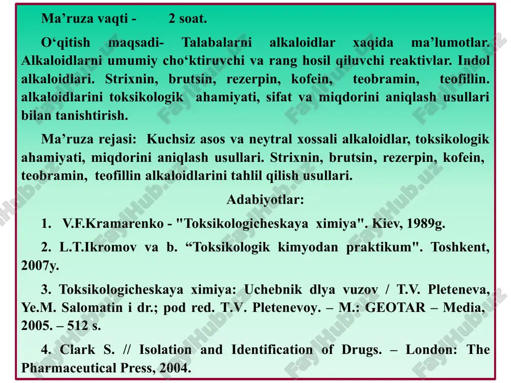 lkaloidlarni umumiy cho‘ktiruvchi reaktivlar bilan tekshirish. 4. kimyoviy reaktivlar yordamida alkaloidlar bor yoki yo‘qligini tekshirish. 5. ba’zi alkaloidlarni aniqlanganini tasdiqlash uchun qo‘shimcha farmakologik tekshiruv o‘tkazish. 6. topilgan modda miqdorini aniqlash. reaksiya sezgirligi. aniq hajmda eng kam miqdor moddani aniqlay oladigan reaktivlar miqdori: m = smin•vmin •106 bu yerda smin - tekshiriluvchi eritmani minimal konsentratsiyasi; vmin - minimal hajm, ml reaksiya xususiyligi. bitta modda uchungina xarakterli bo‘lgan reaksiyalar, ya’ni ushbu reaksiyani boshqa moddalar bermaydi. masalan, yod uchun kraxmal bilan, sianid kislotasi uchun berlin zangorisini hosil bo‘lish reaksiyasi. rang hosil qiluvchi reaktivlar kislotalar: konts.n2so4, konts.ncl, konts.nno3 konts.n2so4 + konts.nno3 -erdman r-vi konts.n2so4 + sn2o- marki r-vi konts.n2so4 + (nn4)2moo3-frede re-vi konts.n2so4 + (nn4)2wo3-mandelin r-vi konts.n2so4 + k2cr2o7 - va boshqalar. murda alkaloidlari - murdada hosil bo‘lib, alkaloidlarga xos rangli reaksiyalarni beradigan, lekin farmakologik tekshiruvda manfiy natija beradigan moddalar. bu holat bioobyekt chirishi natijasida uning tarkibidagi oqsil va boshqa moddalar metabolitlanishi natijasida xosil …