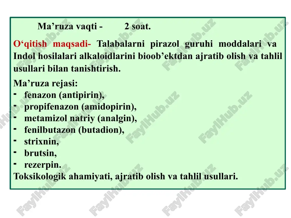 rin mahalliy qo‘llanishda qonni to‘xtatish xususiyatiga ega. zaharlanish alomatlari: harorat pasayadi, ko‘ngil ayniydi, qusadi, nafas olish qiyinlashadi, yurak urishi sekinlashadi, odamning uyqusi keladi, alahsiraydi va oxirida hushidan ketadi. metobolizmi. antipirinni organizimda metabolizmga uchrab (30-40%) 4-gidrosiantipirinni, (10%) 3-gidroksimetil antipirin, n-gidroksiantipirin va (6%) norantipirinni hosil qiladi. tahminan 5% o‘zgarmagan holda peshob bilan 24 soat davomida ajraladi. ashyoviy dalil tarkibidan ajratib olish: nordonlashtirilgan suv yoki spirt yordamida kislotali va ishqoriy muhitda ajratib olinadi. . chinligini aniqlash i-kimyoviy usullarda tahlili 1. alkaloidlarni cho‘ktiruvchi umumiy reaktivlar bilan cho‘kma hosil qiladi. 2. temir (iii)-xlorid reaktivi bilan qizil qon rangdagi modda - ferripirinni hosil qiladi. 3. liberman reaktivi bilan reaksiyasi. antipirin liberman reaktivi bilan zarg‘aldoq rangni hosil qiladi. 4. mandelin reaktivi bilan reaksiyasi. antipirin mandelin reaktivi bilan yashil rang hosil qiladi. 5. natriy nitrit kislotali muhitda antipirin bilan to‘q yashil-zumrad rangli nitrozaantipirinni hosil qiladi. antipirin ko‘p bo‘lgan taqdirda esa, to‘q yashil cho‘kma cho‘kadi. hosil bo‘lgan nitrozoantipiringa α- …