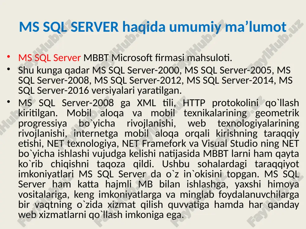 orida ms sql server oracle bilan raqobatlasha oladigan mbbt hisoblanadi. ammo, shu soha mutaxassislarining fikriga ko`ra ms sql server da himoyalanish darajasi oracle ga nisbatan bir oz bo`shroq hisoblanadi. ms sql server muhiti administratori ish jarayoni oracle ga nisbatan bir oz soddaroq. bu uning katta yutug`i hisoblanadi. ms sql server dasturchilar uchun qulay muhitni tashkil qilib beradi va unda web xizmatlarga muvofiq ma`lumotlar bilan ishlash imkoniyatlari mavjud. yangi ma'lumotlar bazasini yaratish yangi ma'lumotlar bazasini yaratish uchun databases papkasiga sichqoncha ko'rsatkichini keltirib bosamiz va ro'yxatdan new database ni tanlaymiz. hosil bo'lgan muloqot oynasiga yangi ma'lumotlar bazasi nomini kiritamiz.sukut bo'yicha sql server bitta ma'lumotlar faylini va bitta jurnal faylini yaratadi. agar xoxlasak bir nechta ma'lumotlar faylini va jurnal faylini yaratishimish mumkin. ma'lumotlar bazasini yaratib bo'lgandan so'ng databases papakasini ochib o'zimiz yaratgan bazani ko'rishimiz mumkin. endi yangi jadval yaratishga kirishamiz. buning uchun tables bilgisiga ko'rsatkichni keltirib bosamiz. o'ng tomondagi panelda biz yaratadigan jadvallar …