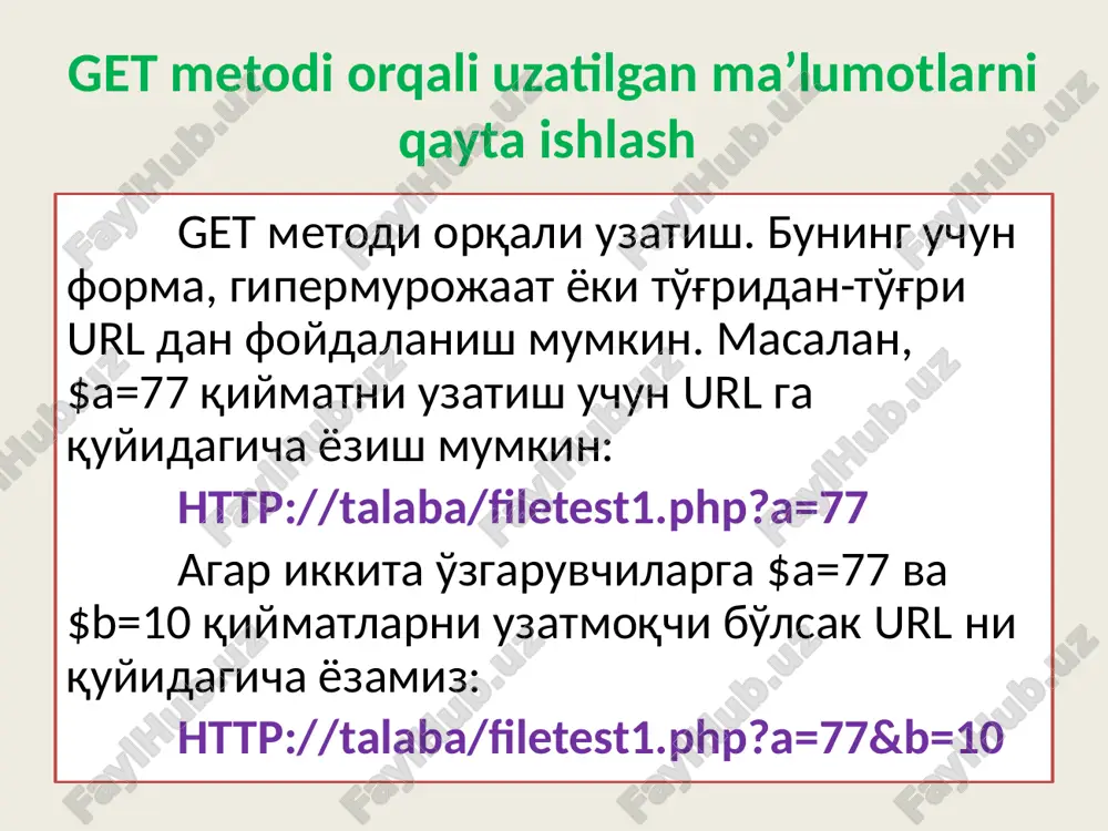_agent remote_addr $_server = http://talaba opera/9,23windows10 127.0.0.1 post metodi orqali uzatilgan ma’lumotlarni qayta ishlash saytga kiruvchi mehmonlarning ip adresi va boshqa ma'lumotlarini bilmoqchi bo'lsak, quyidagicha dastur kodini yozamiz: echo “sizning ip adresingiz:”.$_server[‘remote_addr’]; echo “sizning brauzer va os:”.$_server[‘http_user_agent’]; echo “sizning adresingiz:”.$_server[‘http_referer’]; include instruksiyasi. include instruksiyasi. include instruktsiyasi dasturni alohida modullarga bo'lib, ularni birgalikda ishlatishga imkon beradi. dastur faylini boshqa boshqa bir dastur fayliga bog'lash uchun quyidagicha amalga oshiriladi: include “settings.php”; md5 funksiyasi md5 () funktsiyasi uning argumenti sifatida kiritilgan qiymatni xeshlaydi, ya'ni shifrlaydi. bir xil qiymatlarning shifrlari ham bir xil bo'ladi. bundan ma'lumotlar bazasiga parollarni saqlashda uning aynan o'zini emas, balki uning shifrlangan qiymatini saqlashda foydalanish mumkin. md5 funksiyasi phpmyadmin ilovasi phpmyadmin yordamida mb bilan ishlash uchun dastlab web serverni ishga tushiramiz. phpmyadmin oynasini ochamiz. login va parolni kiritamiz. yangi mb (talaba) ni yaratamiz. unda tasks (masalalar) nomli jadval yaratamiz. uning strukturasi quyidagicha bo'ladi. phpmyadmin ilovasi php yordamida mysql ma’lumotlar bazasi …