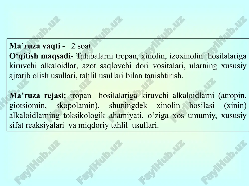 y-m: «geotar-media»,2008g. tropan hosilalari alkaloidlari atropin (atropinum) atropin - tropin spirti va trop kislotasidan hosil bo‘lgan murakkab efir hisoblanib, belladonna o‘simligidan ajratib olinadi. atropin asos xolida organik erituvchilarda yaxshi, suvda yomon eriydi. krasavka yoki belladonna - (atropa belladonna) atropin qo‘llanilishi tibbiyotda atropin sulfat oshqozon yarasini va 12 barmoqli ichak yaralarini davolashda; xolesistit, o‘t pufagi toshlari xastaliklarida; bronxial astma; yo‘g‘on ichak va peshob kanali spazmlarida; oftalmologiyada ko‘z tubini ko‘rish uchun qo‘llaniladi. ko‘pincha bolalar belladonna o‘simligini mevasini va ituzumdan ko‘proq iste’mol qilganda baxtsiz xodisalarga olib kelishi mumkin. zaharlanish holatlari 0,1 g atropin o’limga olib kelishi mumkin/ zaharlanish alomatlari atropin uchun juda harakterlidir: avval nerv qo‘zg‘alishi kuzatiladi; kishi talvaslanadi; harakat qilishi tezlashadi; beixtiyor gapirish va kulgu kuzatiladi; parasimpatik nerv oxirlarini paralichlaydi ko‘z qorachig‘ini kengayadi, burunda qurish, xurrak otish, terini qurishi va qizishi kuzatiladi. o‘lim sodir bo‘lganda patologo-anatomik tekshirish harakterli emas. metabolizmi. organizmga tushgan atropin nezda gidrolizga uchrab tropin spirti va trop kislotasini hosil …
