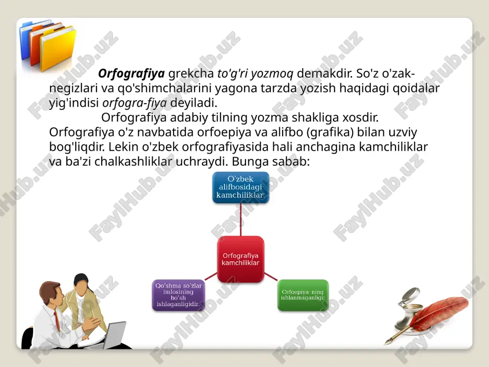 ma-yon kelgan unlilar odatda aynan aytiladi va yoziladi: manfaat, kauchuk, aorta, saodat, burjua, shuaro, inshoot, sanoat, vakuum, muammo, matbuot, tabiiy, rioya va boshqalar. undoshlar imlosi 1. bb harfi: 1) bobo, bahor, bir, majbur, zarb kabi so‘zlarda jarangli portlovchi lab undoshini ifodalash uchun yoziladi; 2) kitob, yuzlab, kelib kabi so‘zlar oxirida p aytilsa ham, b yoziladi; 3) qibla, tobla kabi so‘zlarda ba’zan v aytilsa ham, b yoziladi. 2. pp harfi paxta, pichoq, opa, tepa, tup, yop kabi so‘zlarda jarangsiz portlovchi lab undoshini ifodalash uchun yoziladi. 3. vv harfi: 1) ov, suv, kuyov; ovoz, savol; volida, vatan kabi so‘zlarda ovozdor sirg‘aluvchi lab undoshini ifodalash uchun yoziladi; 2) avtobus, avtomat kabi o‘zlashma so‘zlarda v ba’zan f aytilsa ham, v yoziladi. 4. ff harfi: 1) fan, fe’l, futbol, fizika; asfalt, juft; insof, isrof kabi so‘zlarda jarangsiz sirg‘aluvchi lab undoshini ifodalash uchun yoziladi; 2) fasl, fayz, fotima, fursat kabi so‘zlarda f tovushi ba’zan p aytilsa …