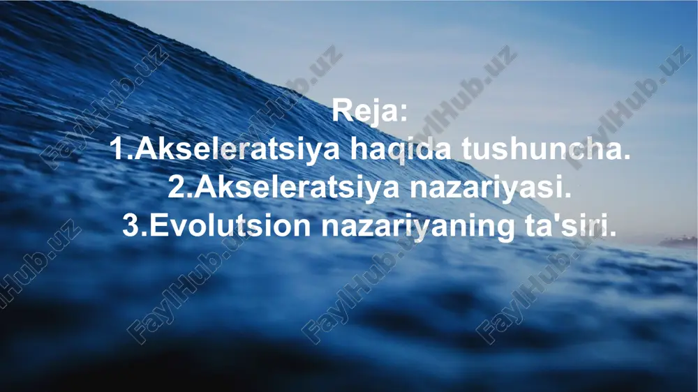 sh darajalariga jismoniy rivojlanishning belgilari sifatida qaray boshladilar. hozirga kelib «akseleratsiya» tushunchasi shunchalik kengayib ketdiki,ya'ni faqatgina bolalar va o'smirlarning jismoniy rivojlanishining tezlashishi haqida gapirmasdan balki voyaga yetgan odamlarning tana o'lchamlarining ortishi, klimaksning ancha kech boshlanishlari haqida ham gap yuritilmoqda. o'sishning tezlashishini embrional rivojlanish bosqichidayoq kuzatish mumkin. yangi tug'ilgan bolalarning tekshirishlar shuni ko'rsatdiki, oxirgi 30-40 yil davomida ularning tana uzunligi 0,5-1 sm ga, og'irligi esa 100-150 g ortdi. bolalar hayotining birinchi yilida o'sish va tana og'irligining ortishidan tashqari, tana og'irligini ikki marta oshishi, yoshining va bosh hamda ko'krak qafasi aylanasining to'rt tomonlama o'lchami pasayishi kuzatiladi. hozirda tana og'irligini ikki martaga oshish vaqti ilgarigi 6 oylik yosh o'rniga 4 ovlikda kuzatiladi. hozirgi bir yoshli bolalar 50-75 yil oldingi bolalarga nisbatan o'rtacha 5 sm ga uzun, 1,5-2 kg og’irroqligi kuzatildi. akseleratsiya sabablari. akseleratsiya sabablariga nisbatan hozirgacha umumiy ravishda qabul qilingan biror fikr shakllanmagan. ko’pchilik olimlarning fikricha rivojlanishning barcha o'zgarishlarida asosiy aniqlovchi rolni oziqlanishning …