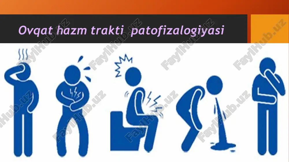 q miyadagi qusish markazi qo’zg’alishi natijasida kelib chiqadi markaziy – qusish markazi qo’zg’aluvchanligi ortishi bilan bog’liq • mns kasalliklarida (meningit, ensefalit, miya o’smalari) • katta yarimsharlar po’stlog’idan qo’zg’atuvchi impulslar kelganda (shartli refleksli qusish) • labirint retseptorlardan impuls kelganda (vestibulyar qusish) b) gematotoksik – qusish markazidagi xemoretseptor strukturalariga qondagi toksik moddalarning bevosita ta’siri natijasida ekzogen moddalar (co2 alkogol, dori moddalar, bakteriya toksini) • xususiy metabolizmning toksik mahsulotlari • uremiya, jigar yetishmovchiligi, dekompensatsiyalangan qandli diabetda to’plangan toksik mahsulotlar visseral (reflektor) – ichki organlarning turli retseptorlaridan kelib chiqqan reflekslar natijasida bu retseptor zonalar joylashgan: • jigarda • halqum shilliq qavatida • vena tomirlarida • qorin pardada • o’t yo’llari va boshqalar qabziyat (obstipatio) – ichakda ovqat qoldiqlari evakuatsiyasining sekinlashuvi, qiyinlashuvi yoki sistemik yetishmovchiligi ● asosida 2 ta mexanizm mavjud: • spastik – ichak silliq muskullarining doimiy uzoq vaqtli qisqargan holati (spazm) • atonik - atoniyasi diareya diareya – bu suyultirilgan, ko’pincha ko’p miqdorda …