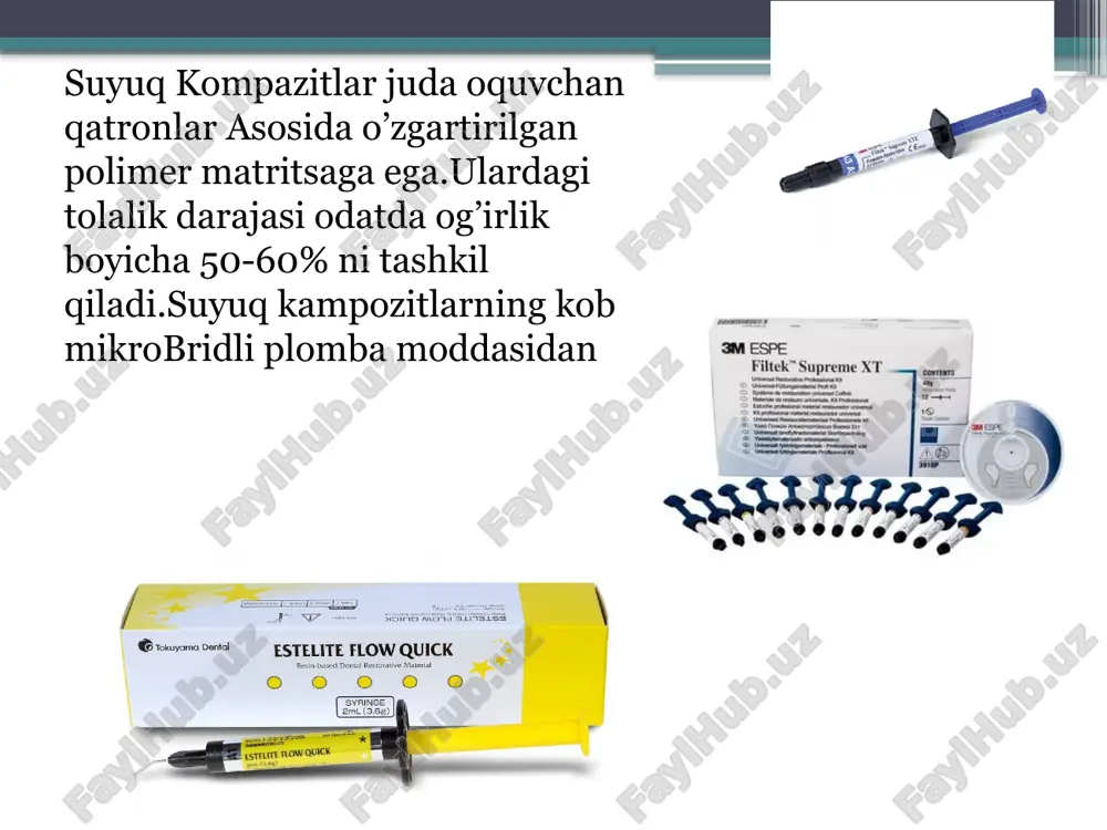 ilan yoritish. esflow sostav: 2 shpritsa (po 2 g) ottenki: a1, a2, a3, a3.5, v2 kanyuli . qo'llash uchun ko'rsatmalar: iii - v sinf muhrlanishi qatlamli qistirma sifatida ishlatiladi qavslar va ortodontik tuzilmalarni o'rnatish elyaf tolasini mahkamlash materiallar tavsifi: tarkibida yuqori molekulyar og'irlikdagi monomer mavjud, bu esa past polimerizatsiya qisqarishini beradi - 2,4% dan kam siqishni barqarorligi - 290 mpa, diametrik barqarorlik - 58 mpa 1 dan 5 - 3 shkalasida o'zgaruvchanlik (o'rtacha) rentgen kontrasti boshqa ishlab chiqaruvchilarning materiallari bilan mos keladi vita ranglarida mavjud. hamma klasslarning to'ldirilishi to'g'risidagi tavsiyalar. 1. tish yuzasini tozalash 2. to'ldirish materialini tanlash 3. rangni tiklashni tanlash tish yuzasini tozalash. tishni tayyorlashdan oldin, blyashka va tos bo'shlig'ini olib tashlash uchun uni va ikkita qo'shni tishni (minimal) floronsiz abraziv macun bilan yaxshilab tozalang. ushbu bosqichga rioya qilmaslik restavratsiya rangini to'g'ri tanlay olmaslik, tiklanishning chekkasida pigmentatsiyaning paydo bo'lishi, shuningdek, restavratsiya mikro chiplari paydo bo'lishiga olib keladi. blyashka …