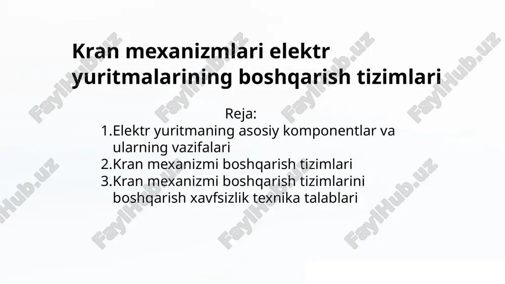 ti 1 elektr energiyasini qabul qilish va boshqarish. 2 transformator yordamida o'zgaruvchan tok kuchlanishini pasaytirish. 3 to'g'ridan-to'g'ri tokga aylantirish va elektr dvigatelga etkazib berish. 10 kran mexanizmlari boshqarish tizimidagi avtomatik boshqarish va diagnostika avtomatik boshqarish kranning xavfsiz va samarali ishlashini ta'minlaydi. diagnostika kranning holatini monitoring qilish va muammolarni oldini olish. masofadan boshqarish kranni masofadan turib boshqarish imkoniyatini beradi. 11 kran mexanizmlari boshqarish tizimlarining xavfsizlik texnikasi talablari 1 xavfsizlik tizimlari 2 xavfsizlik jihozlar 3 xavfsizlik standartlari 4 xavfsizlik ko'rsatmalari 12 kran mexanizmlari boshqarish tizimlarini loyihalash va joriy etish 1 loyihalash talablarni tahlil qilish, tizimni loyihalash. 2 simulyatsiya loyihaning ishlashini simulyatsiya qilish. 3 joriy etish tizimni o'rnatish va sinash. 4 soxta ishga tushirish xodimlarni tizim bilan tanishtirish. 13 xulosa va keyingi istiqbollar kran mexanizmlari boshqarish tizimlari zamonaviy texnologiyalar asosida rivojlanmoqda, bu esa ularning samaradorligini va xavfsizlik darajasini oshiradi. kelajakda bu tizimlar yana ham aqlli va moslashuvchan bo'ladi. 14 image2.png image3.png image4.jpeg image5.png …