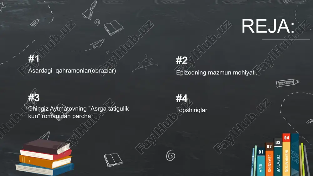 . shuning uchun u xarakterga nisbatan torroq tushunchani ifoda etadi. epizod epizod (yun. — qoʻshimcha) — 1) voqea, hodisa; 2) epik, liroepik va dramatik asar syujetidagi asosiy harakatning maʼlum bir boʻlagi, yakunlangan muayyan qismi. e.ning mazmunmohiyati, vazifasi asarning umumiy syujet tizimi rivoji bilan bogʻliq. asarda badiiy yuk tashuvchi asosiy va ularni bir-biriga ulashga xizmat qiladigan yordamchi e.lar boʻladi. asosiy e.lar qahramon xarakterini ochish, asar syujeti rivojini taʼminlashda hal qiluvchi oʻrin tutsa, yordamchi e.lar asardagi asosiy e.larni birbiriga bogʻlab, syujet chizigʻida yaxlitlik, bir butunlikni vujudga keltiradi. e.lar miqdori asar hajmi va uning janr xususiyatlarini belgilaydi. „asrga tatigulik kun“— sovet-qirgʻiz adibi chingiz aytmatovning ilk romani. birinchi marta 1980-yilda „noviy mir“ jurnalida rus tilida nashr etilgan. asar dunyoning koʻplab tillariga tarjima qilingan. oʻzbek tilida soʻnggi marta asil rashidov tarjima qilgan. asrni qaritgan kun 1 2 3 4 5 6 7.qassoblik 8.sartaroshlik savol javob rahmat image1.png image2.png image3.png image6.png image7.png image8.png image4.png image5.png image9.png …