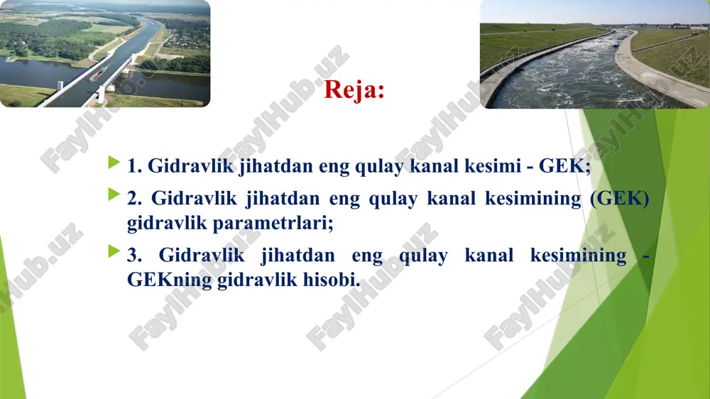 ,246 www.gidravlika-obi-life.zn.uz 1-jadval gidravlik radius: gidravlik jihatdan eng qulay kanal kesimini hisoblash gek uchun qiymatlari 1-jadval: iqtisodiy qulay kesim !? r.r.chugaev: gidravlik jixatdan eng qulay kanal kesimi- gek kanal elementlari - shezi-manning parametri: - shezi-manning formulasi. gek kanal elementlari (*) (*) (*) (*) izoh: (*) - mustaqil bajaring. gidropostdagi kanal kesimi (pk-930) gidropostdagi kanal kesimi (pk-1700+10) katta fargʼona kanali kanal kesimi pk 245, n=139 m, q=53,61 m3/s, ω = 101,35 m2 mirishkor kanali kanal kesimi pk 245, n=122 m, q=57,18 m3/s, ω =94,19 m2 kanal kesimi pk 245, n=56 m, q=25,22 m3/s, ω = 66,02 m2 kanalning gidravlik eng qulay kesimi uchun: - larni aniqlang. misol (*): berilgan: yechimi: 1. gek shartidan: gekning gidravlik hisobi kanalning gidravlik eng qulay kesimi uchun: misol (*): berilgan: gekning gidravlik hisobi - larni aniqlang. yechimi: 1. gek shartidan: 2. shezi-manning parametri: 3. gidravlik radius: 4. kanal chuqurligi: 5. kanal tubining eni: 6. kanaldagi o'rtacha …