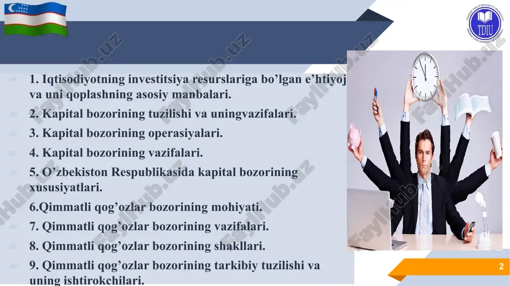 armonga muvofiq kapital bozorini rivojlantirishning asosiy yo'nalishlari belgilab berildi. 5 kapital bozori o'z nomi bilan kapitalizm tarafdori — bu xususiy mulk ustuvorligi va kafolatlanganligi demakdir. yanada kengroq ma'noda esa, fond bozori bu vaqtincha bo'sh turgan pul mablag'larini to'plash, ularni ssuda kapitaliga aylantirish, so'ng ishlab chiqarish jarayoni ishtirokchilari o'rtasida taqsimlashni anglatadi. bunda oldi-sotdi operatsiyalari qimmatli qog'ozlar, xususan korxonalarning aktsiyalari hamda davlat obligatsiyalari bilan amalga oshiriladi. savdolar onlayn tartibda toshkent rfb yagona savdo tizimi platformasi hisoblangan fondbozori.uz sayti orqali olib boriladi. bu shaffof bozor infratuzilmasi bo'lib, o'z ichiga talab va taklif, sof raqobat, kotirovkalar, listing kategoriyalari kabi tushunchalarni qamrab oladi 6 aslida, birjalar ularda savdoga qo'yiladigan mahsulotlar, ya'ni birja tovarlariga qarab turlarga bo'linadi. tovar birjasida xom-ashyo va mahsulotlar asosiy o'rin tutsa, valyuta birjasida pul, fond birjasida esa qimmatli qog'ozlar uning muhim ob'ekti hisoblanadi. 7 umuman, bu onlayn savdo makoni ishlab chiqaruvchi va xaridorlarni o'zaro bog'lovchi mexanizmdir. qimmatli qog'ozlar bozorining rivojlanishi esa milliy …