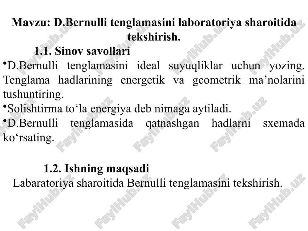 qurilmasining tasviri laboratoriya qurilmasining tasviri . qurilma bosimli bak 1 va har-xil kesimli quvur 2 dan iborat. bak 1 tashqi quvurdan jumrak 5 orqali to'ldiriladi. oqova nov 4 yordamida bak 1 dagi suvning sathi bir tekisda ushlab turiladi. bu esa suvning quvurda barqaror harakat qilishini ta'minlaydi. quvur 2 da suv sarfi q o'zgarishi jumrak 6 orqali rostlanadi. bak 1 ga va quvur 2 ga p'ezometrlar 3 ulangan. p'ezometrlarning 0 nuqtasi quvur 2 ning o'q kesimiga to'g'rilangan. suvning sarfini hajmiy usulda, maxsus darajalangan idish 7 yordamida sekundomer orqali o'lchanadi. d.bernulli tenglamasida qatnashgan hadlarni sxemasi silindrik quvurlar suyuqlik to`lib oqqanda xo‘llangan perimetri kesim yuzasi gidravlik radiusi oqim sarfi o‘rtacha tezlik suyuqlik to`lmay oqqanda kesim yuzasi gidravlik radiusi xo‘llangan perimetri d d pyezometrlar № o‘lchangan qiymatlar hisoblangan qiymatlar pyezometrik chiziq p-p to'la napor chizig'i e-e z, (sm) d, (sm) p/γ (sm) t, (sek) w, (sm3) q, (sm3/s) ω, (sm2) ϑ, (sm2/s) (sm) (sm) …