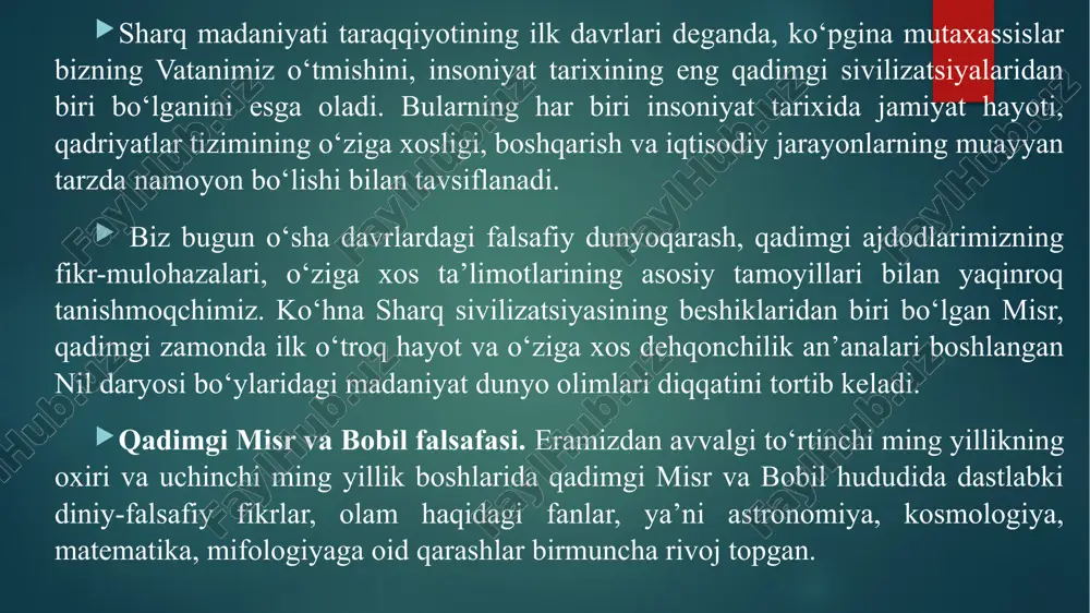 mgi misr va bobil hududida dastlabki diniy-falsafiy fikrlar, olam haqidagi fanlar, ya’ni astronomiya, kosmologiya, matematika, mifologiyaga oid qarashlar birmuncha rivoj topgan. tabiiy-ilmiy, diniy-falsafiy fikrlarning yuzaga kelishi ikki yo‘nalishda borgan. birinchi yo‘nalish olam haqidagi tasavvurlarning astronomiya, kosmologiya, riyoziyot fanlari rivoji bilan bog‘liq ekanini, ikkinchi yo‘nalish esa, bu tasavvurlarning mifologiya bilan bog‘liq bo‘lganini ko‘rsatadi. birinchi holda, asosan, tabiiy bilimlarga tayanilgan, kundalik hayotda duch kelinadigan voqea-hodisalar aniq dalillar asosida tahlil etilgan, o‘rganilgan, ulardan tegishli xulosalar chiqarilgan. ikkinchi holatda esa, hali tabiat kuchlarining qarshisida nihoyatda ojiz bo‘lgan odamzod, albatta, tevarak atrofdagi voqea-hodisalarni mifologik izohlashi tabiiy bir hol edi. qadimgi misr va bobilda shakllangan falsafaning eng asosiy xususiyati shundan iborat ediki, ularda, bir tomondan, xudolarga ishonch, ilohiy kuchlarning tabiat va jamiyatga ko‘rsatadigan ta’sirini mutlaqlashtirish xususiyati ustuvor bo‘lgan bo‘lsa. ikkinchi tomondan, afsona va rivoyatlar tarzida bo‘lsada, dunyoviy bilimlar, ilmiy qarashlar ham asta-sekin shakllana boshlagan umuman, bunday xususiyatni, qadim zamondagi barcha sivilizatsiyalarga xos deyish mumkin. hindiston falsafasi. …