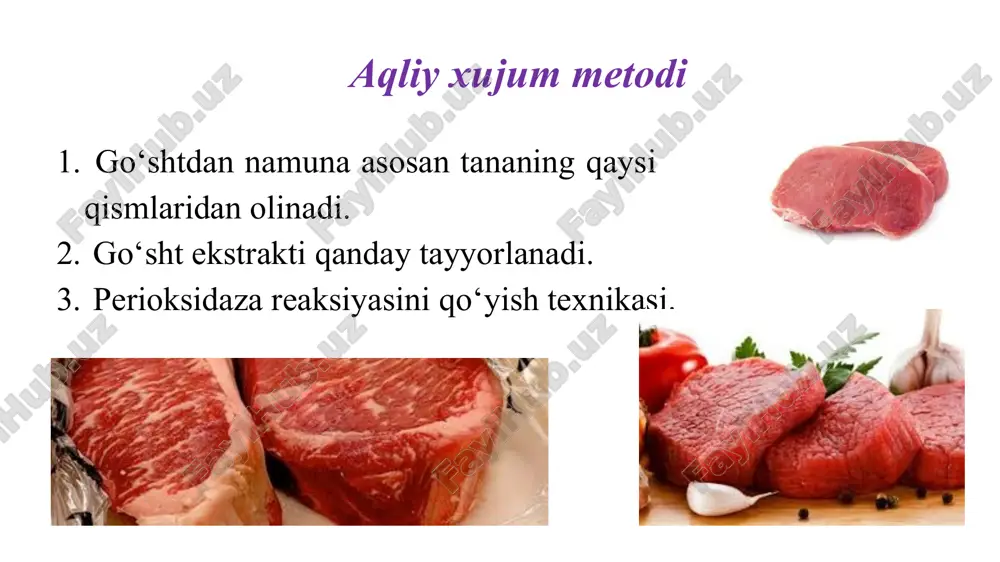 an – 4 , 5 bo‘yin umurtqasi ro‘parasidan b) tana go‘shtidan - ko‘krak sohasi qismidan s) sonning qalin muskullaridan laboratoriyaga jo‘natilish paytida har qaysi namuna pergament qog‘ozlarga alohida-alohida o‘raladi. namuna o‘ralgan pergament qog‘oziga oddiy qalam bilan go‘sht olingan tana raqami, to‘qimaning nomi yoki tekshirish uchun olingan organning nomi yoziladi. bir tana go‘shtidan olingan namunalarni temir qutiga joylashtirishda ular paket qog‘ozchada birga o‘raladi, keyin bu qutining qopqog‘i yopilib so‘rg‘ichlanadi. bu namuna bilan jo‘natilayotgan hujjatda namuna olingan joyi, sana, hayvon turi, tana raqami, go‘shtning egasi, nima maqsadda tekshirilishi va jo‘natilayotgan kishining imzosi bo‘ladi. go‘shtning tashqi yuzasini tekshirayotganda avvalo uning rangiga e’tibor berilib, yuzasi kesib ko‘riladi. go‘shtning yopishqoqligi paypaslab aniqlanadi. yangi kesilgan go‘sht yuzasini barmoq bilan bosib ko‘rish orqali uning konsistensiyasi aniqlanadi. organoleptik tekshirish usuli tanani quyidagi joylariga e’tibor qaratiladi go‘shtning hidi tashqi va kesilgandan keyin ichki chuqur yuzasida aniqlanadi. go‘shtning hidi to‘g‘risida to‘laroq ma’lumotga ega bo‘lish uchun go‘sht qaynatiladi. go‘shtning rangi, hidi, …