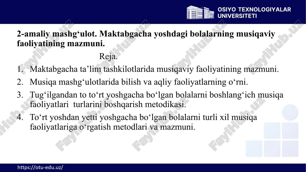 badiiy didning boshlang‘ich kurtaklarining namoyon bo‘lishi asarga va uning ijrosiga baho bera bilish qobiliyati kuzatiladi. bu yoshda qo‘shiq aytila-digan ovoz jarangdorlik, ohangdorlik, harakatchanlik kasb etadi. diapazon tenglashadi, vokal intonatsiya ancha barqarorlashadi. agar to‘rt yoshli bolalar hali ham katta kishi qo‘llab-quvvatlab turishiga muhtoj bo‘lsalar, tizimli tarzda o‘qitish natijasida olti yoshli bolalariing ko‘pchiligi musiqa asbobi jo‘rligisiz ham kuylay oladilar. 4 musiqa san’ati, uning o‘ziga xos xususiyatlari musiqa tarbiyachisining oldiga bir qator ko‘rinishdagi vazifalarning hal qilishni ko‘ndalang qilib qo‘yadi: musiqaga muhabbat va qiziqishni tarbiyalash. faqat hissiy beri-luvchanlik va moyillikni o‘stirishgina musiqaning tarbiyaviy ta’siridan keng foydalanish imkonini beradi. bolalarni muayyan uyushtirilgan tizim yordamida turli xildagi musiqa asarlari hamda unda foydalaniladigan ifoda vositalari bilan tanishtirib, ularning taassurotlarini boyitish. bolalarda musiqa tinglash, qo‘shiq aytish, musiqali ritmik hara-katlar, raqs, musiqaga oid ma’lumot berish, bolalar musiqa asboblarini chalish sohasida eng oddiy ijrochilik malakalarini shakllantirib, ularni musiqa faoliyatining barcha turlarida qatnashtirish, musiqa savodining boshlang‘ich nazariyasi bilan tanishtirish. bolalarda umumiy …