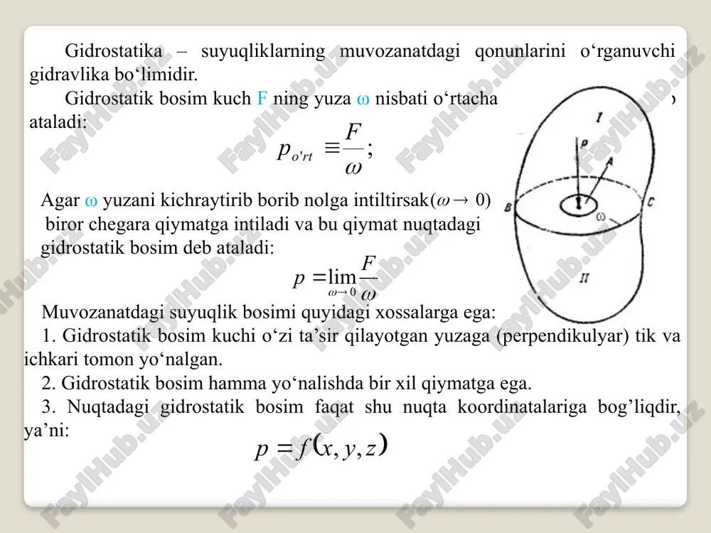 ni yozamiz: bu yerda:z1 – ixtiyoriy nuqtaning koordinatasi; pa – ixtiyoriy nuqtadagi bosim; z2 – suyuqlik sathining koordinatasi; p0 – suyuqlik erkin sirti dagi bosim bo‘lib, tashqi bosim deb yuriti­ladi. yuqoridagi tenglamadan ixtiyoriy nuqtadagi bosim quyidagicha aniqlanadi: z2 – z1 = h deb belgilab, bu yerda: pa – ixtiyoriy nuqtadagi bosim, yoki absolyut bosim deyiladi; r0 – tashqi bosim; - og'irlik bosimi. formulaga ixtiyoriy nuqtadagi bosimni aniqlash formulasi deyiladi. agar ixtiyoriy a nuqtaga pyezometr (pyezometr – bosim o‘lchaydigan as­bob) ulasak, pyezometrda ko‘tarilgan suyuqlik balandligi pyezometrik balandlik deyiladi va quyidagicha aniqlanadi: bu yerda: pa – atmosfera bosimi bo‘lib, amaliy ishlarda miqdori 1 at yoki 105 pa deb qabul qilinadi. manometrik va vakuummetrik bosimlar amaliyotda bosimni xarakterlash uchun manometrik va vakuummetrik bo­sim tushunchalaridan foydalaniladi. agar ixtiyoriy nuqtadagi bosim, atmosfera bosimidan yuqori bo‘lsa ra>ra, atmosfera bosimidan yuqori bo‘lgan qismiga manometrik bosim deyiladi va quyidagicha hisoblanadi: bu yerda: rm – manometrik bosim; ra – …