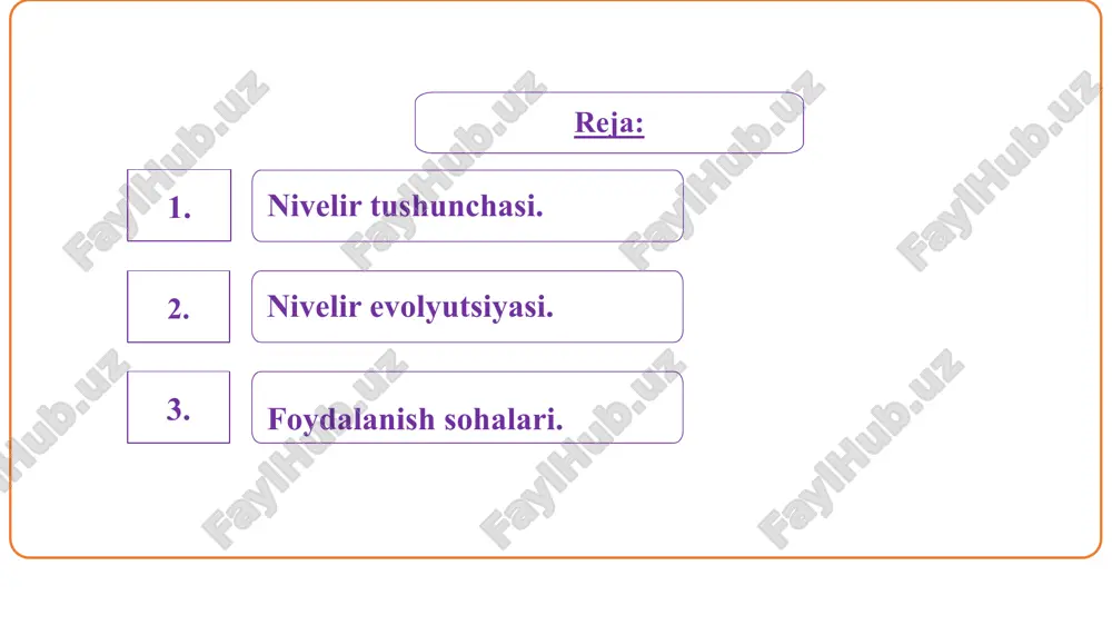 iya», ipk izdatelstvo standartov, 2001, 10 s. 3 nivelir tushunchasi 1. nivelir so‘zi fransuz tilidan olingan bo‘lib, "tenglashtirish", "bir sathga keltirish" kabi ma'nolarini anglatadi. nivelir ikki va undan ortiq bo‘lgan nuqta orasidagi nisbiy farqlarni aniqlashga mo‘ljallangan geodezik qurilma sanaladi. nivelirlash geodezik ishlarning bir turi bo‘lib, uning natijasida yerning tabiiy yuzasida joylashgan nuqtalarning bir-biriga nisbatan balandligi o‘lchanadi, hamda bu nuqtalarning boshlang‘ich deb qabul qilingan sathiy yuzadan balandligi aniqlanadi. 300 m 0,4 m “0” – satx (boltiq dengizi) 299,6 0,6 m 1 m reperlar yer reperlari devoriy reperlar doimiy vaqtinchalik relefni qog‘ozda tasvirlash uchun joyning xarakterli nuqtalarining dengiz sathidan balandliklarini aniqlash kerak bo`ladi. bu balandlikka absolyut balandlik deyiladi. nuqtalarning otmetkasini aniqlash uchun avvalo nuqtalar orasidagi nisbiy balandlik aniqlanadi. nivelirlash geometrik nivelirlash - geodezik asbob nivelir yordamida hosil qilinadigan gorizontal vizirlash nuri asosida bajariladi. shuningdek, bunday gorizontal vizirlash nurini trubasida silindrik adilak mavjud bo‘lgan geodezik asboblar – teodolit hamda kipregel yordamida ham hosil …