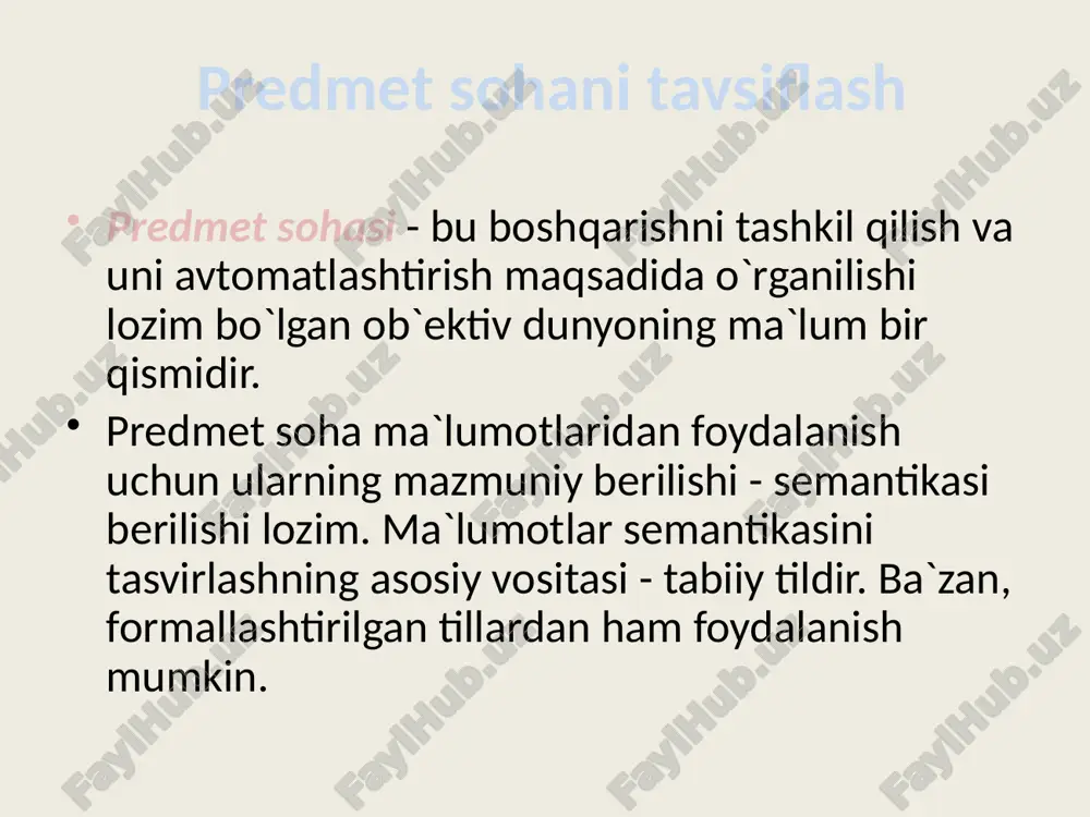 siga aylanadi. modellashtirish, ayniksa, mavxum ob'ektlarni, olis-olislarda joylashgan ob'ektlarni, juda kichik xajmli ob'ektlarni o'rganishda axamiyati kattadir. modellashtirish uslubidan fizika, astranomiya, biologiya, iktisod fanlarida ob'ektning ma'lum xususiyat va munosobatlarini aniklash uchun xam foydalaniladi. model turlari o'rganilgan ma'lumotlar, foydalanuvchilar takliflari va ish jarayonini tasavvur qilishga asoslangan holda mb ning boshlangich xomaki nusxasi tayyorlanadi. tabiiy tildan foydalangan holda matematik formulalar, jadvallar, grafiklar va barcha kishilarga tushunarli bo'lgan vositalardan foydalanib tayyorlangan mb loyihasi ma'lumotlarning infologik modeli deb ataladi. ma'lumotlarning infologik modeli ma'lumotlarning infologik modeli - biror bir kompyuter va mbbt ga bog'lik bo'lmagan, umumlashtirilgan jarayon sohasi (ish jarayonlari, qiymatlar to'plami, qiymatlar tipi, uzunligi, o'zaro bog'liqligi va x-zo) tavsifidir. insonga muljallab tavsiflangan model, kiymatlarni saklash uchun xizmat qiladigan jismoniy soha parametrlariga bog'lik bo'lmaydi. ushbu model tavsifi kompyuter uchun emas, balki insonlarga mo'ljallanadi. infologik model jarayon sohasini to'lik akslantirganligi uchun ish jarayonida biror bir o'zgarish sodir bo'lmasa o'zgartirilmaydi. infologik model infologik modelda ma'lumotlarni tizim xotirasida qanday …