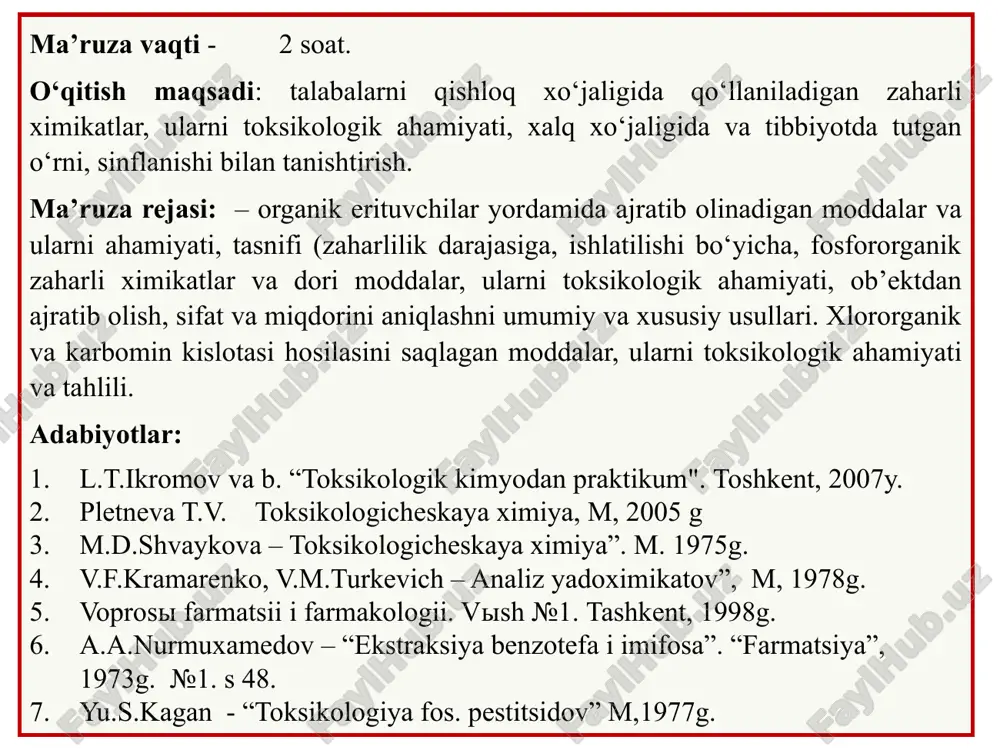 monidan yemirilishini oldini oluvchi moddalar (ftoridlar, rux xlorid, mis xlorid). 3) gerbitsidlar - begona o‘simliklarga qarshi qo‘llaniluvchi moddalar (avadeks, ifk). 4) zootsidlar - kemiruvchilarga qarshi ishlatiladigan moddalar (rux fosfidi, bariy karbonati, kalamush dori). 5) insektitsidlar - zararli hasharotlarni yo‘qotuvchi moddalar (davidov preparati, geksaxloran, sevin, foblar). 6) fungitsidlar - zararli zamburg‘larga qarshi ishlatiladigan moddalar (tmtd, siram, sineb va boshqalar). iii. ta’sir etish xarakteriga qarab: pestitsidlar hasharotlar, hayvon va zararkunanda o‘simliklar organizmiga kirish yo‘li asosida quyidagi guruhlarga bo‘linadi: 1) kontakt guruhi - hasharotlarga to‘g‘ridan-to‘g‘ri tegib ta’sir etuvchi moddalar (xlorofos, ddt). 2) oshqozon-ichak guruhi, hasharotlar organizmga oshqozon ichak tizimi orqali o‘tadigan moddalar (borat kislotasi, xlorofos). 3) sistemali ta’sir etuvchi guruh, o‘simliklar tomirlari bo‘ylab harakatlanib, ma’lum muddatga uni hasharotlar uchun zaharli qilib qo‘yadigan moddalar (butifos, foleks). 4) fumigantlar - hashorat organizmiga nafas olish organlari orqali kirib ta’sir etadigan moddalar (so2, metil bromid). iv. kimyoviy klassifikatsiyasi. pestitsidlar kimyoviy tarkibi yoki kimyoviy tabiatiga qarab, 2 ta …