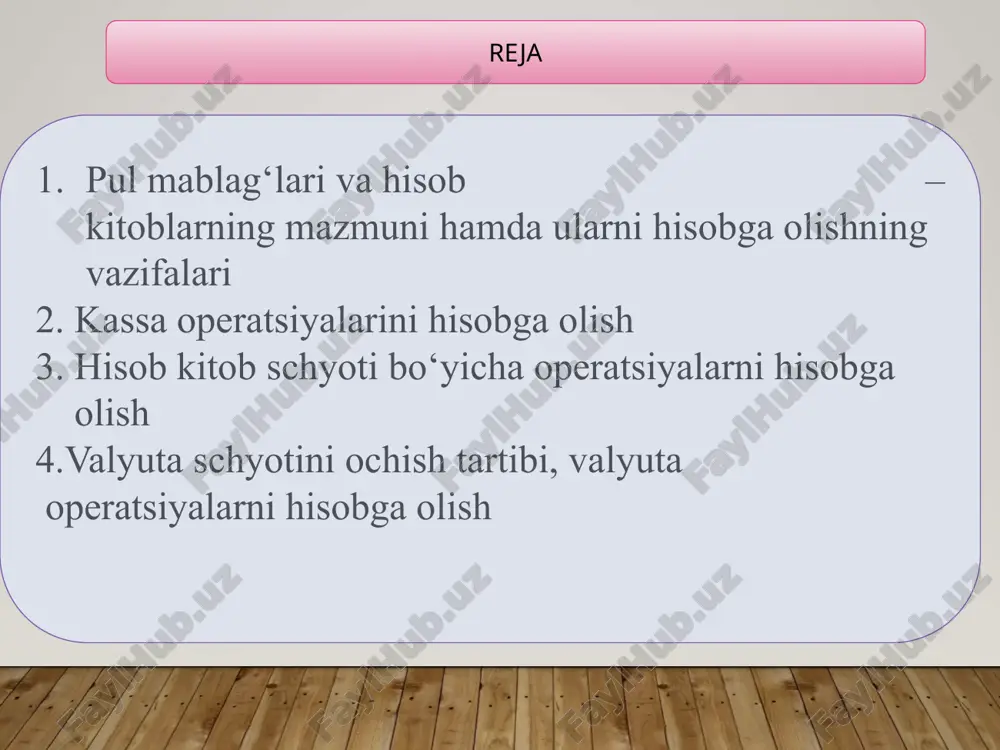 satadi. 5010 – schyotining kredit oboroti 1 – jurnal-orderda aks ettiriladi. debet oborotlari turli jurnal-orderlarga yoziladi, bundan tashqari, 1–qaydnoma bilan nazorat qilinadi. 5010 “milliy valyutadagi pul mablag‘lari” scheti bo‘yicha eng ko‘p uchraydigan operatsiyalarni schetlarda aks ettirish № xo‘jalik operatsiyalar mazmuni schyotlar korrespondensiyasi debit kridit 1 naqd pulga mahsulot, tovarlar, ishlar va xizmatlar sotildi 5010 9010,9020,9030 3 bankdan pul kelib tushishdi 5010 5110 4 hisobdor shaxslar tomonidan ilgari olingan ishlatilmagan bo‘nak-lar qaytarildi 5010 4220 5 ta’sischilar tomonidan korxona ustav kapitalidagi ulushiga naqd pul topshirilishi 5010 4610 6 xodimga berilgan qarz kassaga qaytarildi 5010 4730 7 kassadan ishchilarga ish haqi berildi 6710 5010 9 inventarizatsiya paytida kassada ortiqcha pul mablag‘i aniqlanib kassaga kirim qilinganda 5010 9390 11 hisob – kitob schyotini ochishda taqdim etiladigan hujjatlar - ustav; - ta'sis shartnomasi (bir nechta muassis bo'lsa);muassislar umumiy yig'ilishining bayonnomasi yoxud muassisning qarori; - muassislarning pasport nusxalari; - korxona direktorini tayinlash to'g'risida muassislar umumiy yig'ilishining …