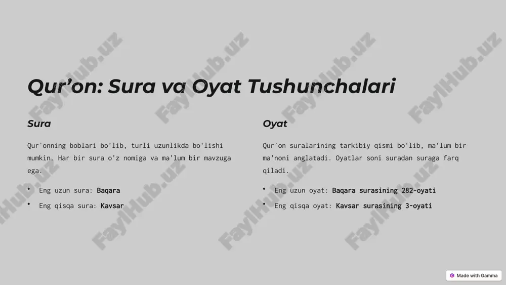 , kufa va basraga jo'natdi. bu jarayon milodiy 7-asrda, taxminan 650 yilda amalga oshirilgan. qurʼonshunoslikning shakllanishi va rivojlanishi ilk davr qurʼonning jamlanishi va tartibga solinishi. tafsir ilmining paydo bo'lishi qurʼon oyatlarini sharhlash va izohlash. qiroat ilmining rivojlanishi qurʼonni to'g'ri o'qish qoidalari. zamonaviy qurʼonshunoslik qurʼonni ilmiy va tarixiy nuqtai nazardan o'rganish. 4 hadis ilmining paydo bo'lishi va rivojlanishi ilk davr payg'ambarimiz muhammad (s.a.v.)ning so'zlari va amallarini yig'ish. hadis to'plamlari sahih buxoriy, sahih muslim, va boshqa mashhur hadis to'plamlari. sanad va matn hadislarning ishonchlilik darajasini aniqlash uchun sanad (rivoyat qiluvchilar zanjiri) va matn (hadisning mazmuni) tahlili. 5 hadis ilmi islomda muhammad payg‘ambarning so‘zlari, amallari va taqrirlarini o‘rganish va saqlash bilan shug‘ullanadi. bu ilm hijriy ii asrda paydo bo‘lgan, eng mashhur olimlar abu hurayra, imom buxoriy, va imom muslimdir. payg‘ambarning 600 mingdan ortiq hadisidan imom buxoriy 7,275 hadisni, imom muslim esa 12,000 hadisni to‘plagan. hadislar islom fiqhining asosiy manbalaridan bo‘lib, qur'onni to'ldiradi. hadis …