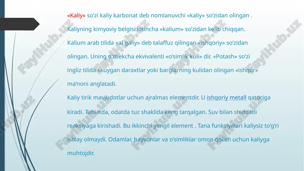 asi-kaliy kislotalar bilan reaksiyaga kirishib, tuz va vodorod gazi hosil qiladi:xlorid kislotasi (hcl) bilan: 2k + 2hcl=2kcl + h2;sulfat kislotasi (h₂so₄) bilan:2k + h2so4=k2so4 + h2 bu reaksiyalar natijasida ishqoriy metallar tuzlari hosil bo‘ladi 2. suv bilan juda tez reaksiyaga kirishishi-kaliy suv bilan reaksiyaga kirishganda vodorod ajralib chiqadi va kaliy gidroksid (koh) hosil bo‘ladi. bu jarayon juda ekzotermik bo‘lib, ba’zida portlash sodir bo‘lishi mumkin:2k+2h2o=2koh+h2 bunda ajralgan vodorod alangalanib, olov chiqishi kuzatiladi. 5. azot bilan reaksiyasi- kaliy azot bilan yuqori haroratda reaksiyaga kirishib, kaliy nitrid (k₃n) hosil qiladi:6k + n2=2k3n bu jarayon natijasida quyuq qizil rangli birikma hosil bo‘ladi 6. oltingugurt bilan reaksiyasi- kaliy oltingugurt bilan qizdirilganda kaliy sulfid (k₂s) hosil qiladi: 2k + s=k2s 7. ammoniy birikmalari bilan reaksiyasi- kaliy ammoniy tuzlari bilan reaksiyaga kirishganda ammiak gazi (nh₃) ajralib chiqadi: 2k + 2nh3=2knh2 + h2 1. kislorod bilan oksidlanishi- kaliy havoda tez oksidlanadi va kaliy peroksid (k₂o₂) hosil qiladi: 2k …