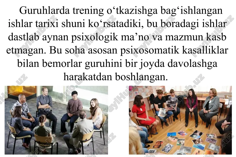 60-yillariga kelib psixoterapevtlar orasida guruh bilan ish olib borishga qiziqish ortdi. ulardan biri – psixologiyadagi gumanistik yo‘nalishni rivojlanishiga hissa qo‘shgan olimlardan biri karl rodjers hisoblanadi. uning ishi boshqalardan shunisi bilan farqlanadiki, u guruh boshqaruvchisini mutaxassis yoki mijozni davolovchi shifokor emas, balki, ishtirokchilar bilan teng bo‘lgan, ular bilan o‘zaro teng munosabatda bo‘la oluvchi sherik sifatida qaraydi. 1902-1987 karl rensom rodjers 7 1960 yillarda k.rodjersning gumanistik psixologiya an’anasiga mos holda ijtimoiy va hayotiy ko‘nikmalarni shakllantiruvchi treninglar o‘tkazila boshlandi. bu treninglar o‘qituvchilar va menedjerlarning kasbiy malakalarini va tayyorgarligini oshirish maqsadida amalga oshirilgan. hayotiy ko‘nikmalarni shakllantirish yuzasidan olib borilgan treninglarda ishtirokchilarga yo‘naltirilgan uchta asosiy modeldan foydalanilgan. 8 9 birinchi model hayotiy ko‘nikmalarning yetti xil turini o‘z ichiga olgan bo‘lib, bular: muommolarni yecha olish, muloqot, o‘ziga ishonchni saqlab turish, tanqidiy tafakkur, qat’iyatlilik, men – konsepsiyasini rivojlantirish va o‘zini boshqara olish ko‘nikmalaridir. ikkinchi model treningni asosiy maqsadi sifatida hayotiy ko‘nikmalarning to‘rtta kategoriyasini o‘z ichiga oladi. bular: …