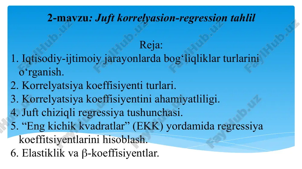 lash mumkin xolos. ikki hodisa yoki omil va natijaviy belgilar orasidagi bog‘lanish juft korrelyatsiya deb ataladi. obrazets teksta vtoroy uroven tretiy uroven chetvertiy uroven pyatiy uroven ikkita omil (natijaviy va omillar yoki ikkita omil) o‘rtasidagi bog‘liqlik boshqa omillarning qat’iy belgilangan qiymatida natijali omil bilan bitta omil yoki ikkita omil o‘rtasidagi bog‘liqlik natijaviy omil va tadqiqotga kiritilgan ikkita yoki undan ko‘p omillar o‘rtasidagi bog‘liqlik korrelyatsiya - bu tasodifiy kattaliklar o‘rtasidagi unda tasodifiy kattaliklardan birining o‘zgarishiga boshqasining matematik kutishi o‘zgarishiga olib keluvchi statistik bog‘liqlik. juft korrelyatsiya xususiy korrelyatsiya ko‘plik korrelyatsiya korrelyatsiya koeffitsentlari qiymatini topish xi va yi omillari yakka tartibdagi qiymatlarining ularning va o‘rtacha qiymatlaridan og‘ishlari ko‘paytmasining yig‘indisiga asoslangan ushbu kattalik n kuzatuvlar soniga bo‘linadi va chiqqan natija kovariatsiya deb nomlanadi. korrelyatsion tahlil korrelyatsiya koeffisientlarini aniqlash va ularning muhimligini, ishonchliligini baholashga asoslanadi. bog‘lanish zichligi baholashda korrelyatsiya koeffisientidan foydalanish mumkin: bu erda, va mos ravishda x va y o'zgaruvchilarning o'rtacha kvadratik chetlanishidir va …