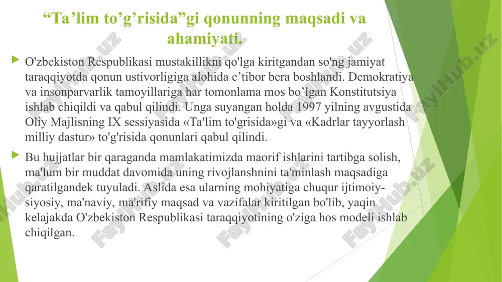 shni rag'batlantirish; -ta’lim tizimini boshqarishda davlat va jamoatchilikning uyg'unligi. o'zbekistonda yashayotgan har bir kishi ta’lim olish huquqiga ega bo'lib, barcha tafovutlarga qaramasdan teng huquqlidir. ta’lim olishning bepul va pullik shakllaridan foydalanish mumkin. chet el fuqarolari xalqaro shartnomalar asosida ta’lim olish huquqiga egadirlar. fuqaroligi bo’lmagan shaxslar ta’lim olishda teng huquqli sanaladi. ta’lim muassasalari huquqiy maqomga ega bo’lib, attestatsiyadan o`tkazilgan holda akkreditatsiyaga ruhsatnomaga ega bo'ladi. no davlat ta’lim muassasalari respublika vazirlar mahkamasi tomonidan o’rnatilgan tartib asosida akkreditatsiyadan o’tkazilgandan keyingina huquqiy shaxs maqomiga ega bo’ladi. ta’lim muassasalari qonuniy hujjatlar asosidagi ustav bilai ish yuritadi. bir qancha ta’lim muassasalari birlashib, o'quv tarbiya kompleksi, yoki o'quv ilmiy ishlab chiqarish uyushma va assotsiatsiyalari tuzishi mumkin. ta’lim tizimi va turlari: o'zbekistonda ta’lim tizimi davlat va nodavlat ta’lim muassasalarini o'z ichiga oladi. davlat ta’lim standaraari asosida ta’lim dasturlarini amalga oshiruvchi, ilmiy pedagogik muassasalar va boshqarish tashkilotlari hamda ularning joylardagi bo'linmalaridan iborat buladi. o'zbekistonda ta’lim tizimi yaxlit va uzluksizdir. …